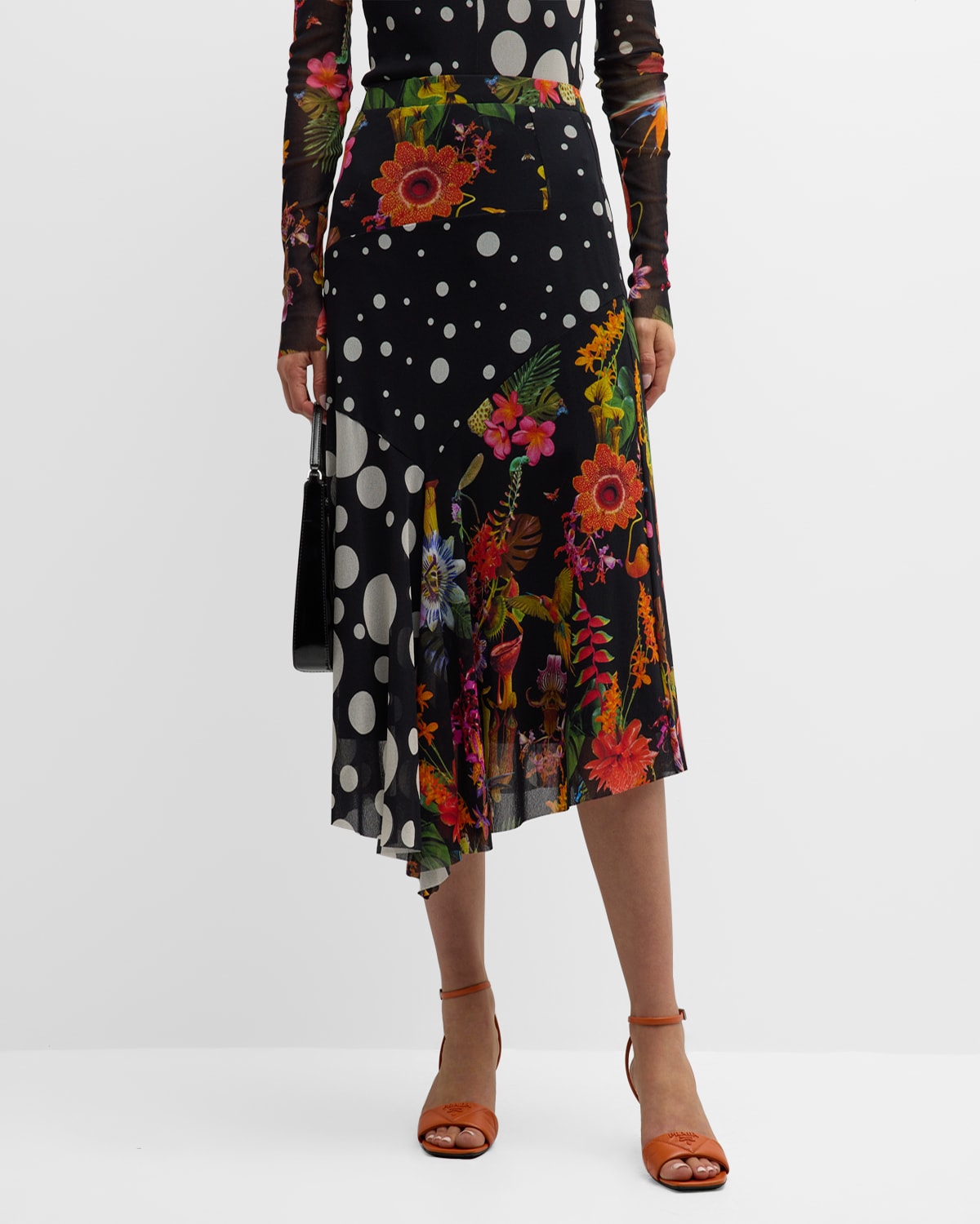 Polka Dot & Floral-Print Tulle Midi Skirt