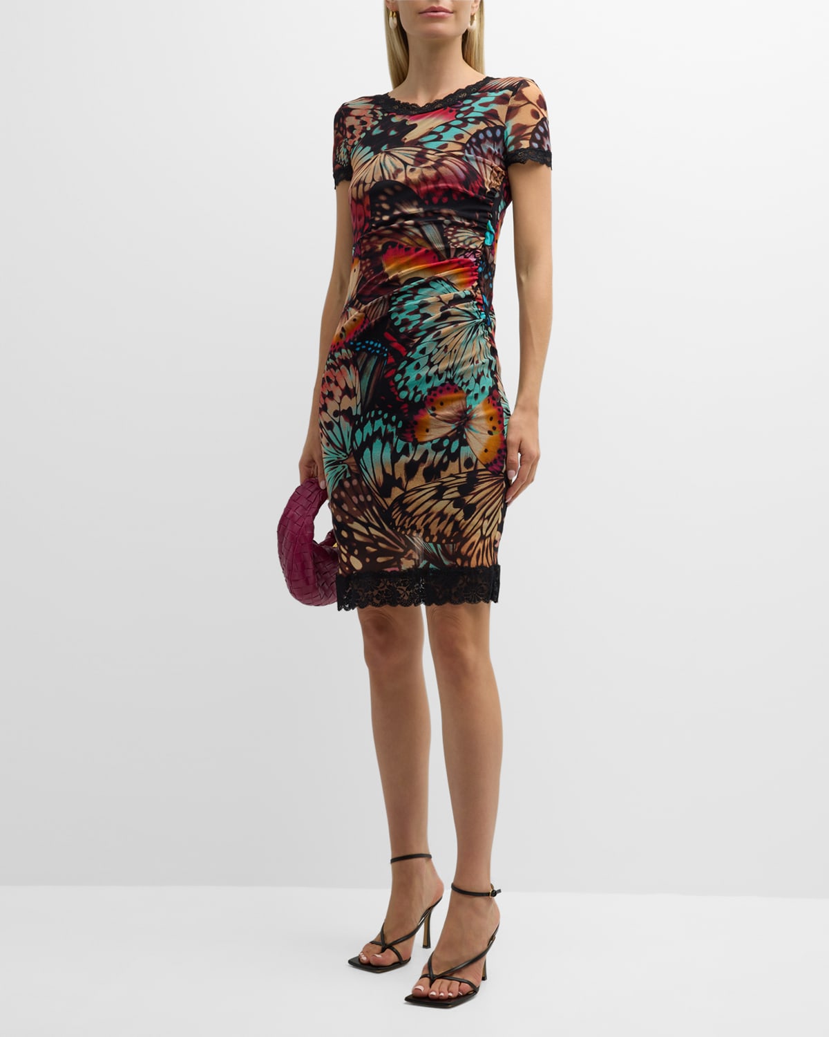 Shop Fuzzi Butterfly-print Lace-trim Tulle Mini Dress In Multicolor