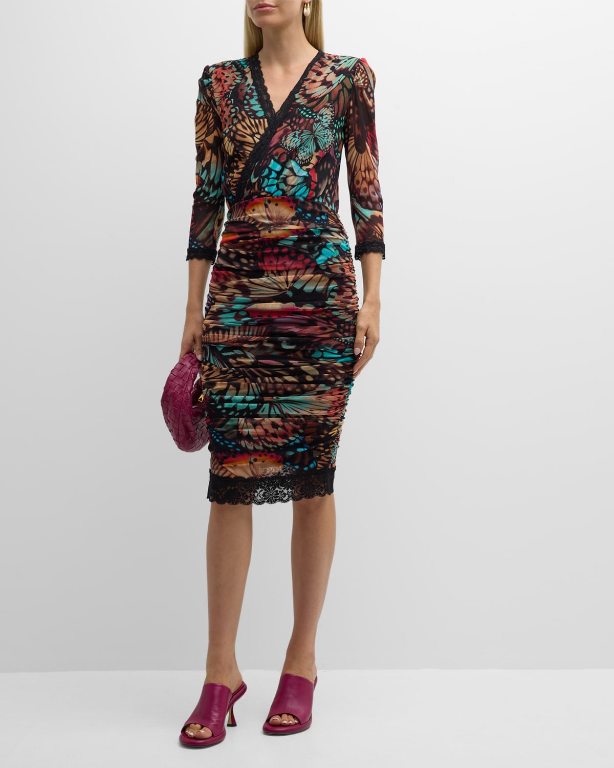 Fuzzi Butterfly-print Lace-trim Tulle Midi Dress In Multicolor