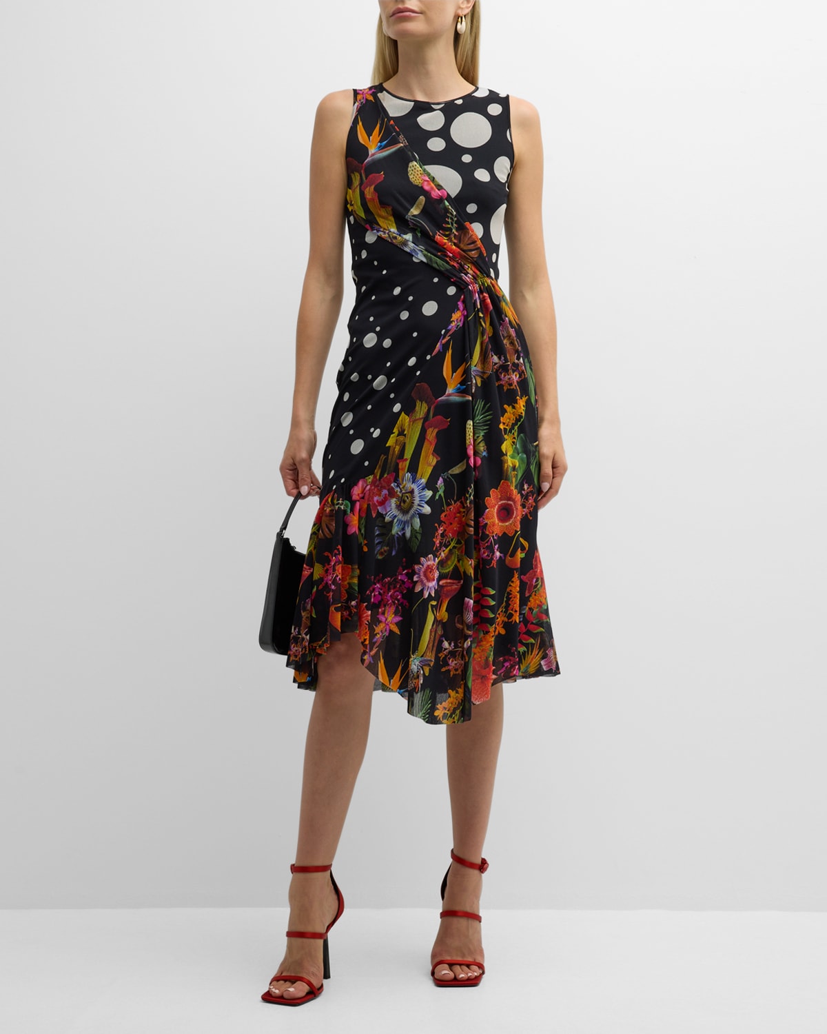 Draped Polka-Dot & Floral-Print Midi Dress