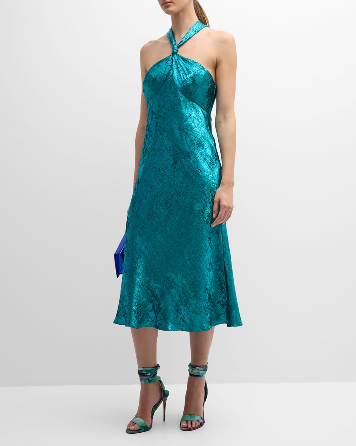 Liv Foster Sleeveless Satin Halter Midi Dress In Jade