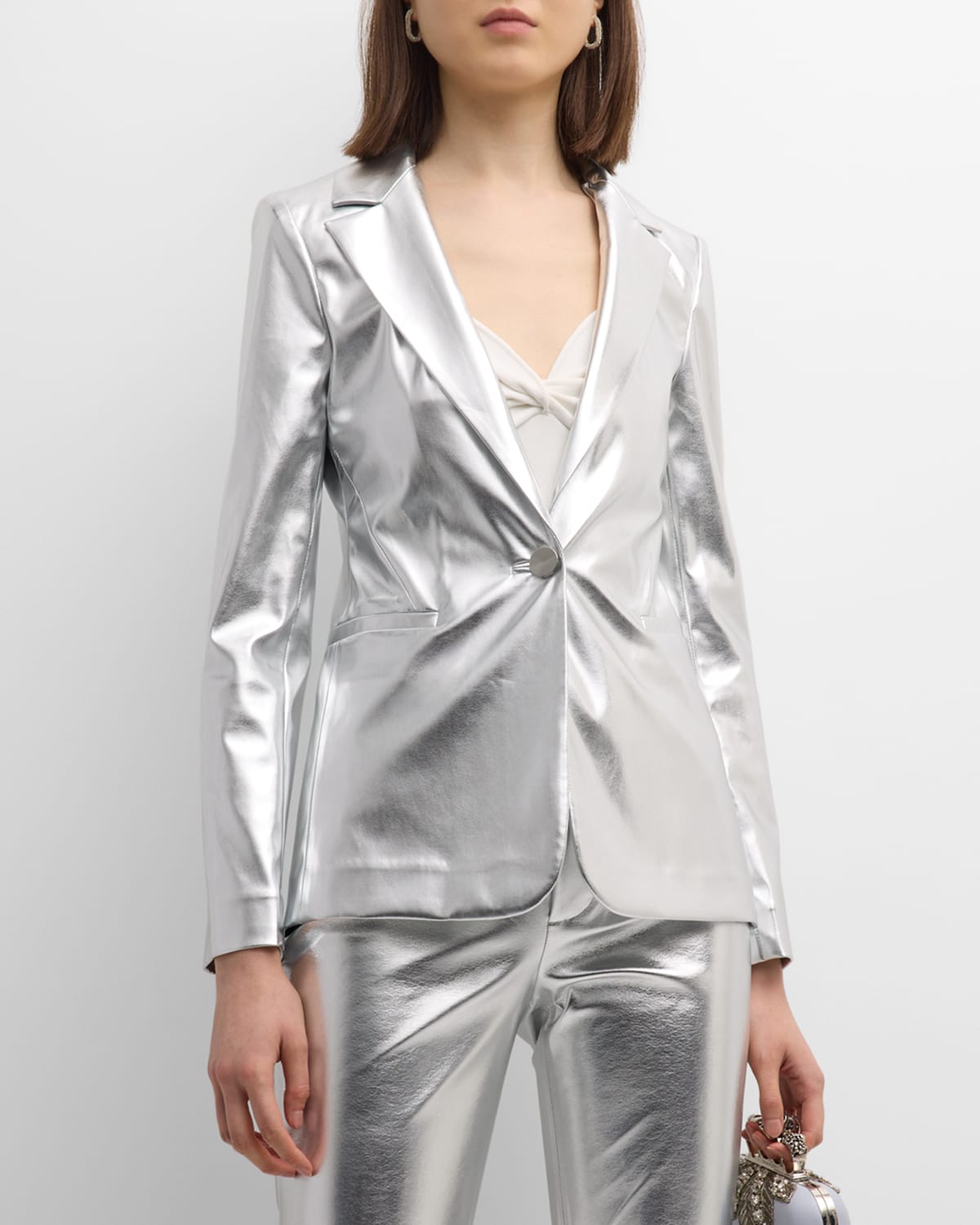 Shop Alice And Olivia Macey Metallic Vegan Leather Blazer In Silver