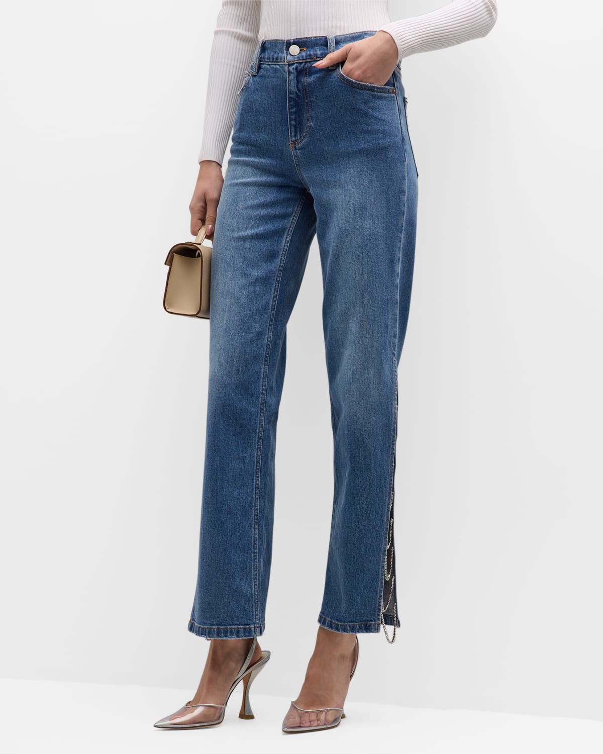ALICE AND OLIVIA GAYLE HIGH-RISE STRAIGHT-LEG EMBELLISHED-SIDE JEANS