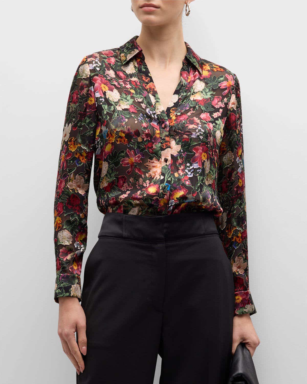 ALICE AND OLIVIA ELOISE FLORAL BURNOUT BUTTON-FRONT BLOUSE