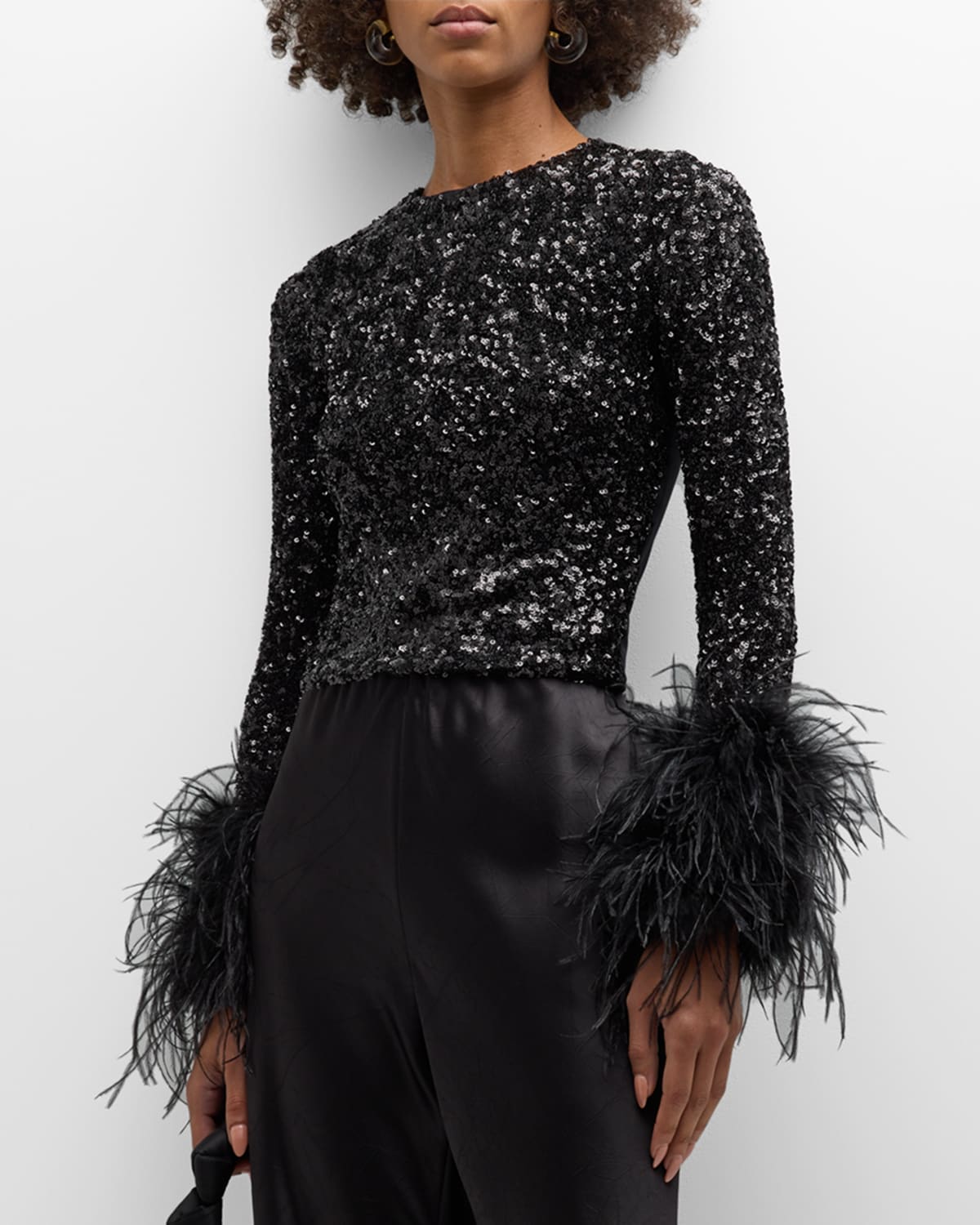 Shop Alice And Olivia Delaina Sequined Feather-cuff Top In Black