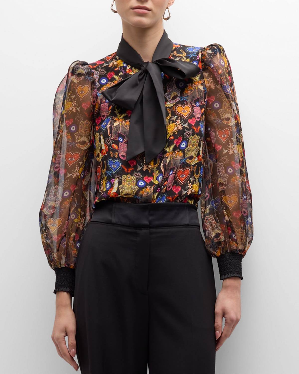 Shop Alice And Olivia Brentley Printed Satin Tie-neck Blouse In Ethereal Sm