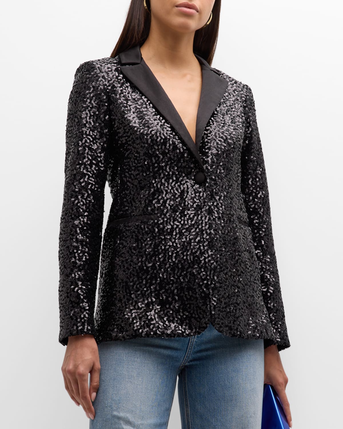 Shop Alice And Olivia Breann Sequined Fitted Blazer In Black