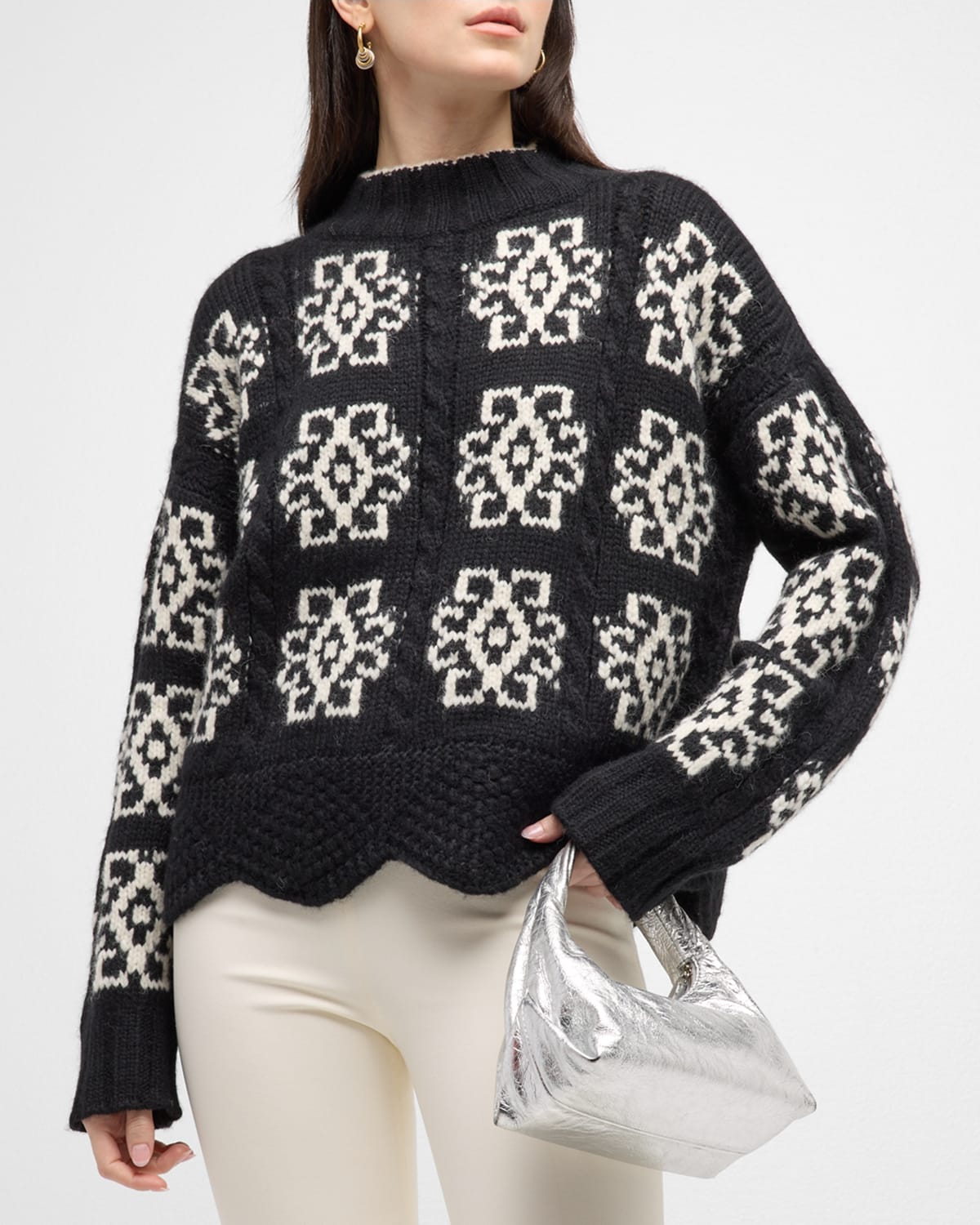 ELEVEN SIX SIENNA CABLE-KNIT GEOMETRIC INTARSIA SWEATER