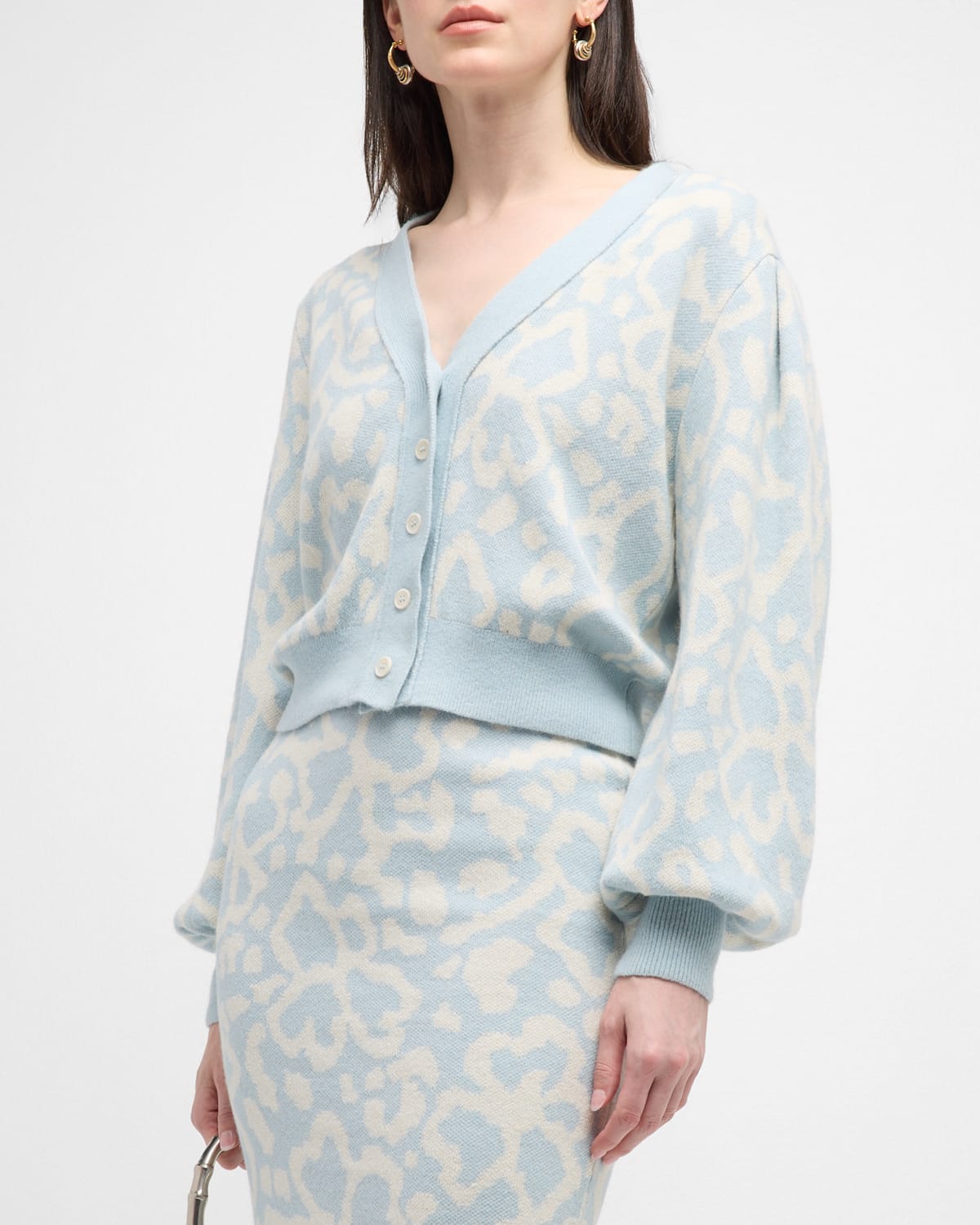Eleven Six Khloe Cropped Abstract Jacquard Cardigan In Powder Blue And I