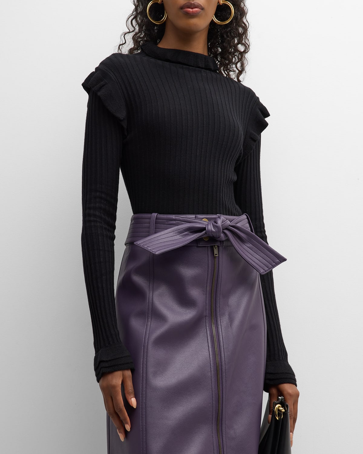 MARIE OLIVER TINLEY RIBBED MOCK-NECK RUFFLE-TRIM SWEATER