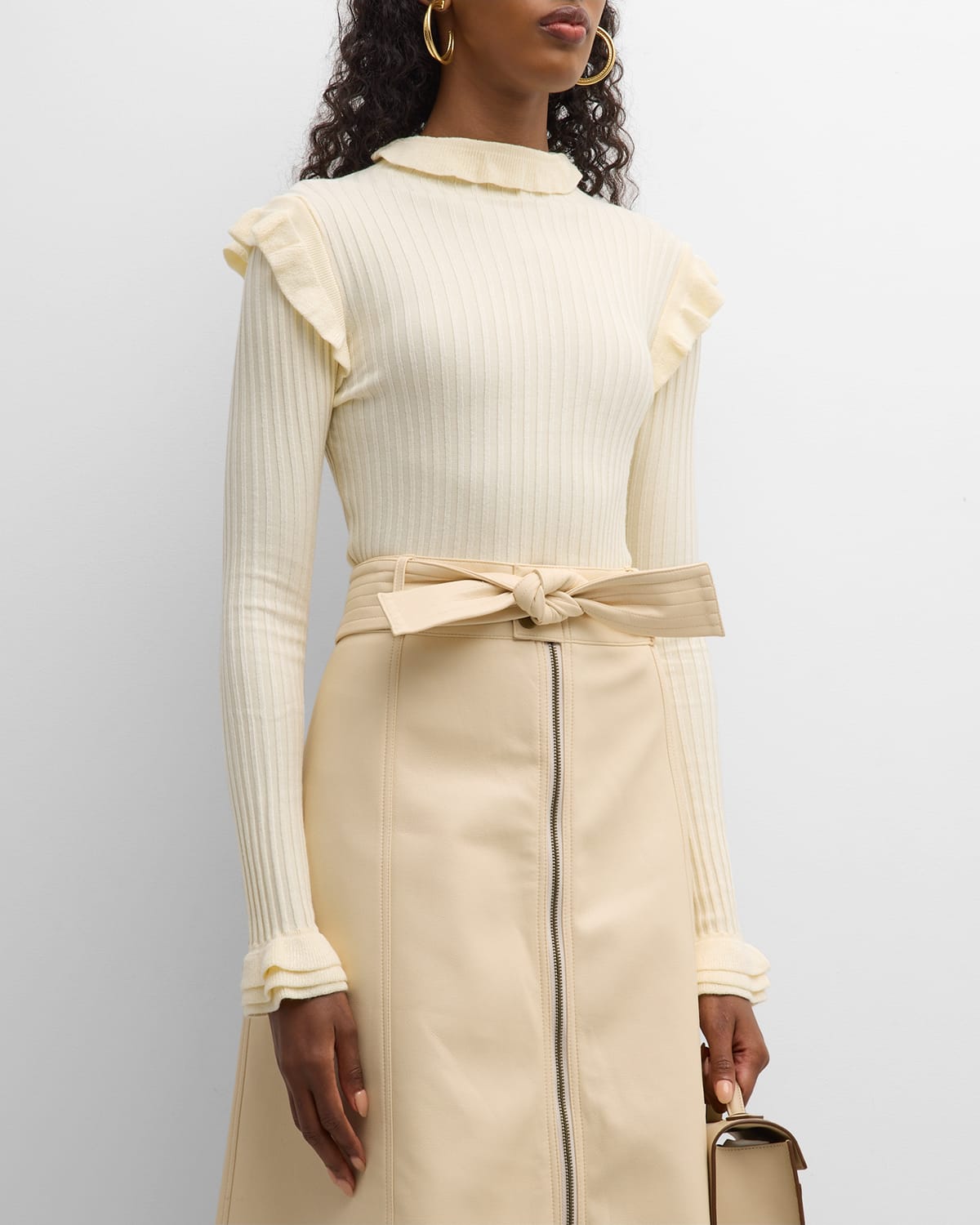 Marie Oliver Tinley Ribbed Mock-neck Ruffle-trim Sweater In Whitecap