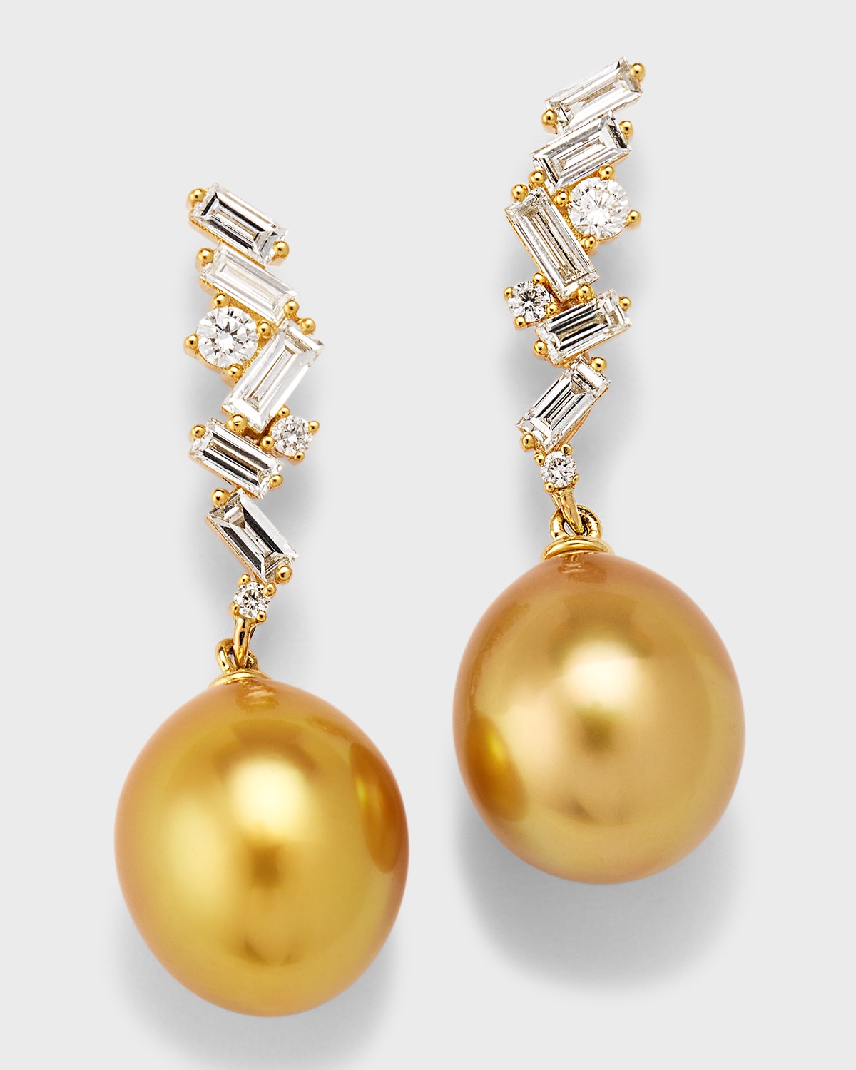 18K Yellow Gold South Sea Golden Pearl and Diamond Baguette Earrings, 11mm