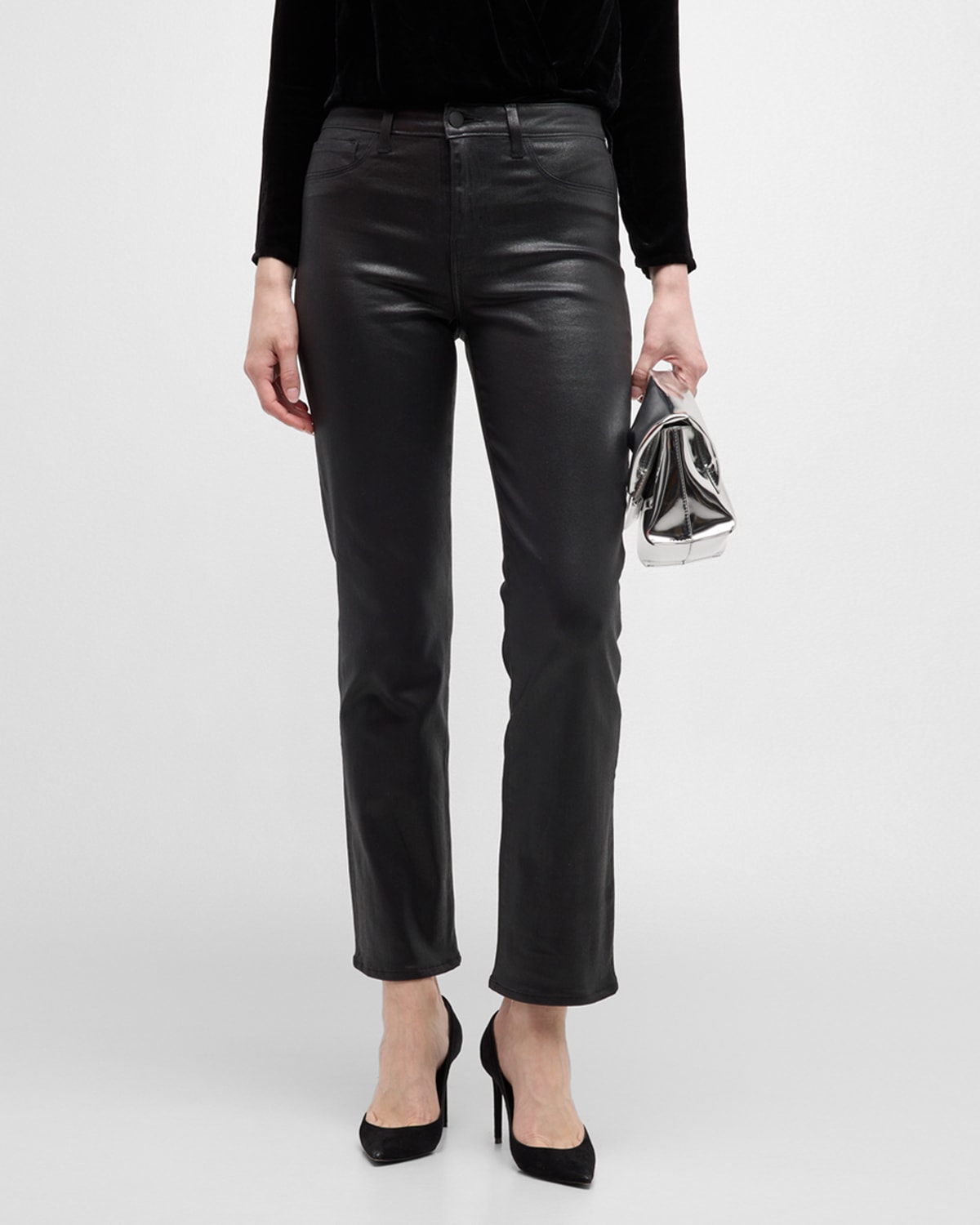 L Agence Ginny High Rise Straight Jeans In Noir Coated In Noir Coated