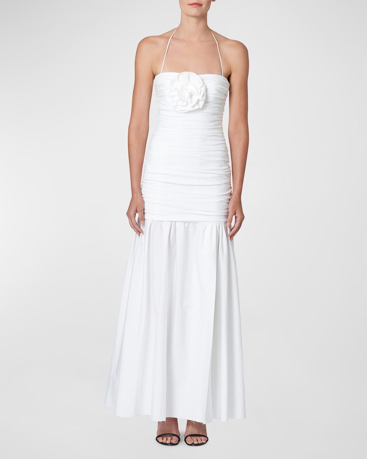 Shop Carolina Herrera Halter Gathered Bodice Drop Waist Midi Dress With Floral Applique In White