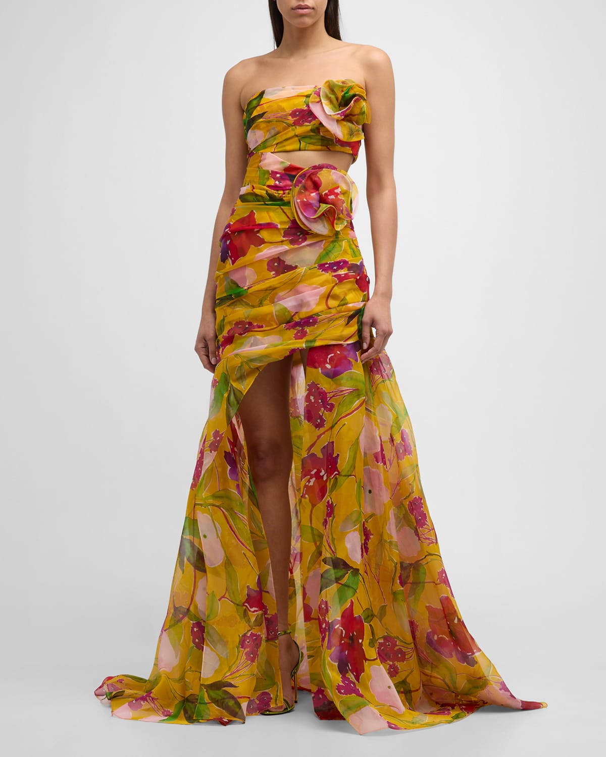 Strapless Flower-Applique Gathered Cutout High-Low Gown