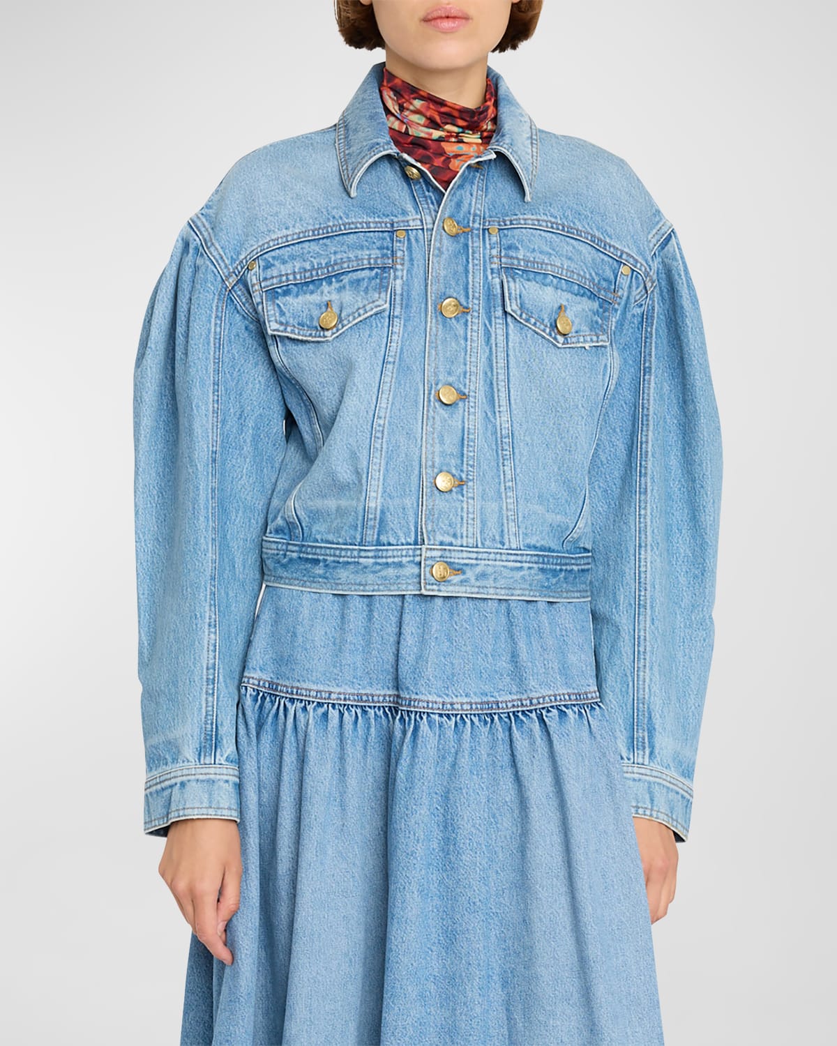 Ulla Johnson Gathered-shoulders Cropped Denim Jacket In Adriatic Wash