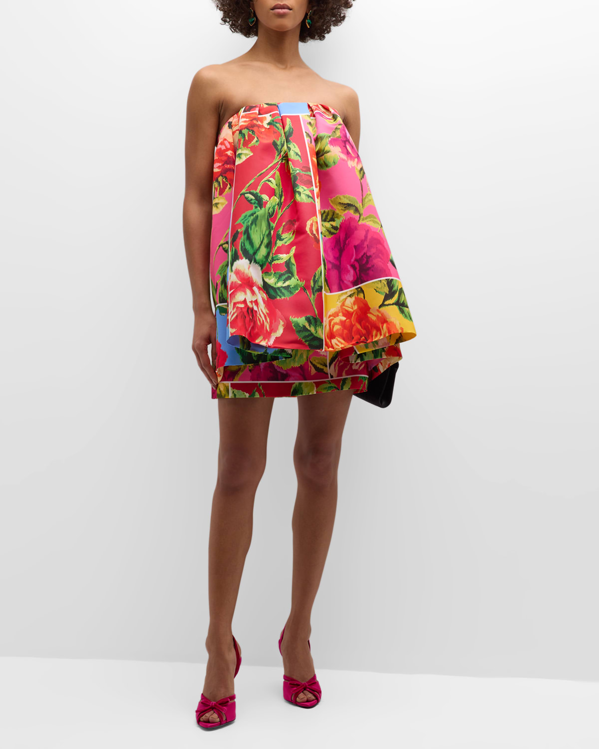 Flower-Print Strapless Babydoll Ruffle Mini Dress