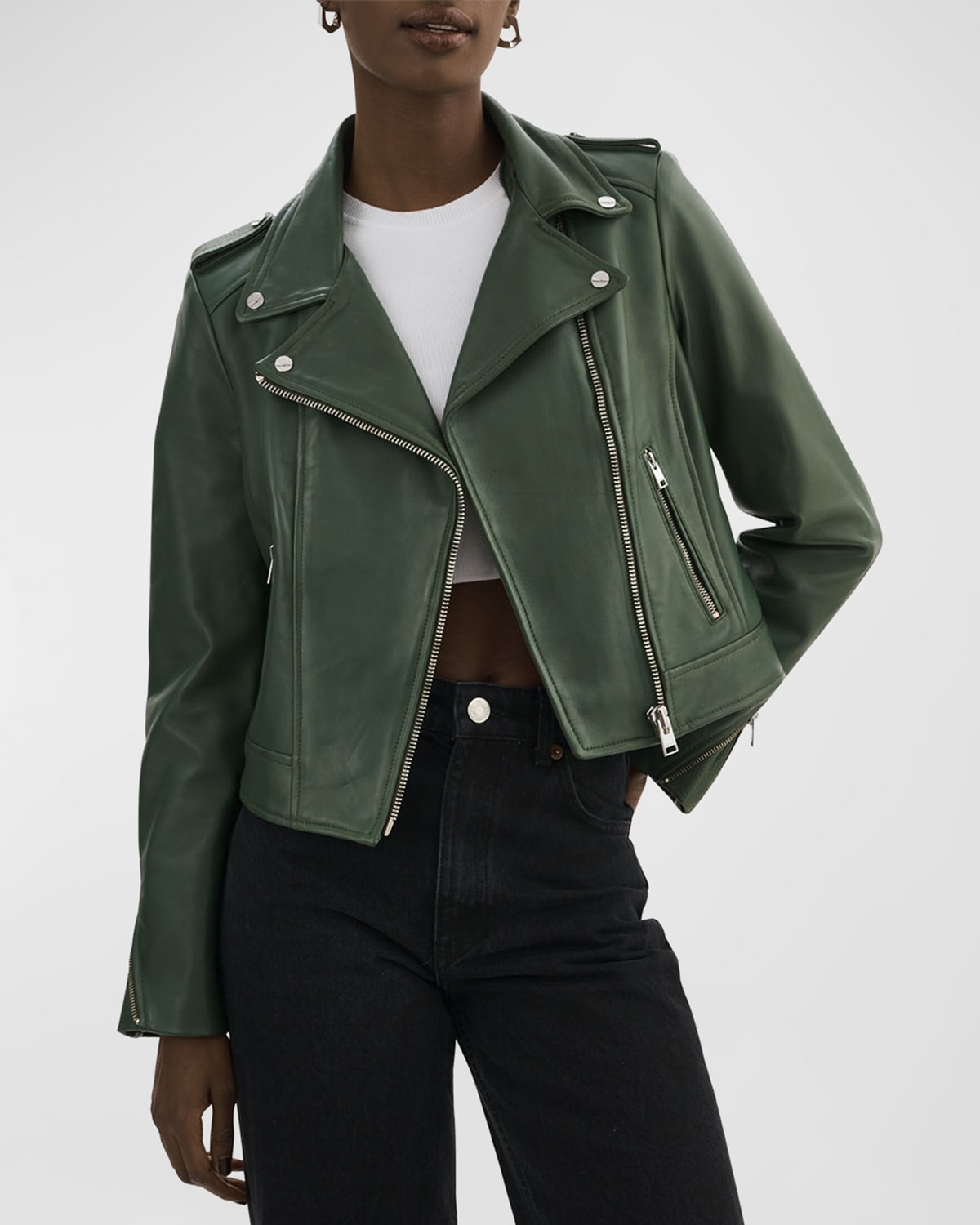 Shop Lamarque Holy Leather Biker Jacket With Removable Hood In Alpine Green