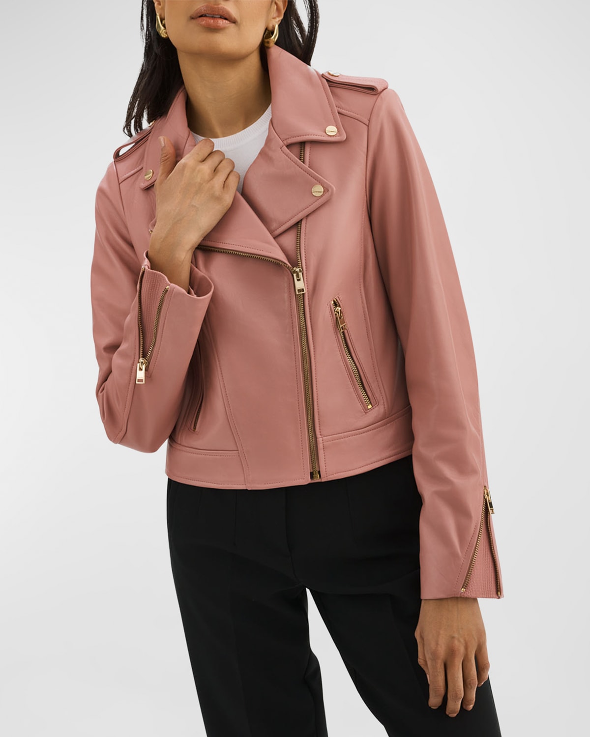 Lamarque Donna Leather Biker Jacket In Mauve Pink