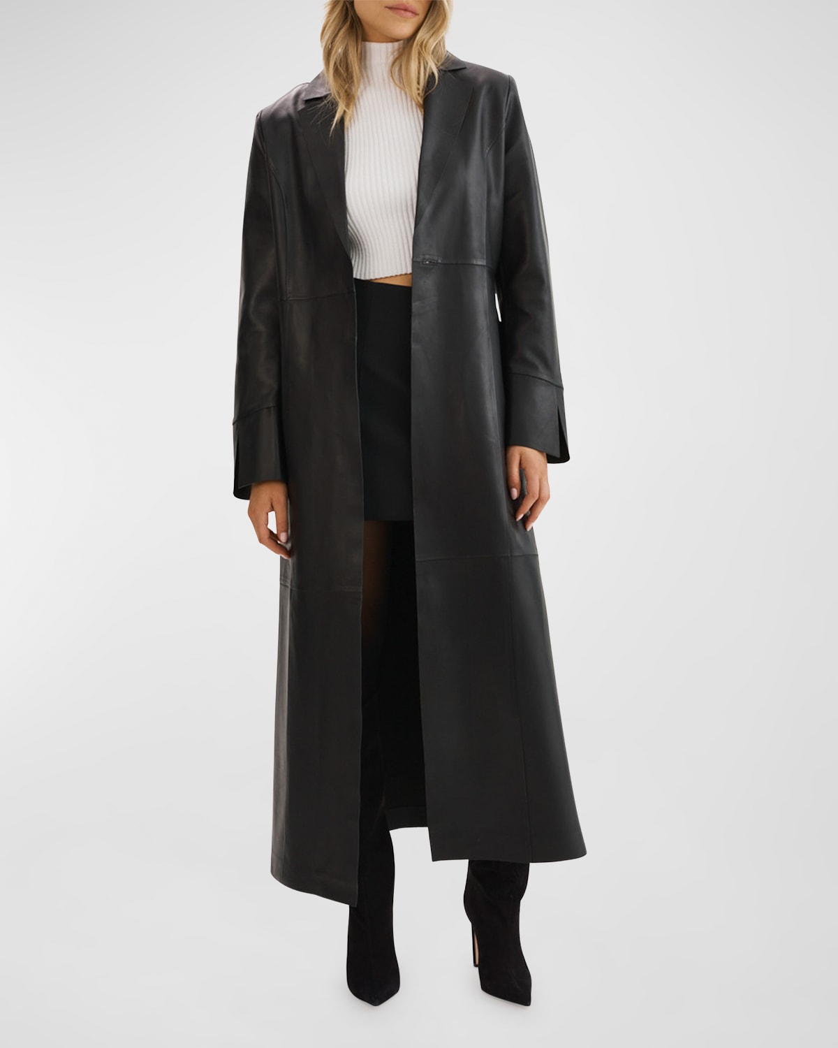 Lamarque Evanna Slit-cuff Leather Trench Coat In Black
