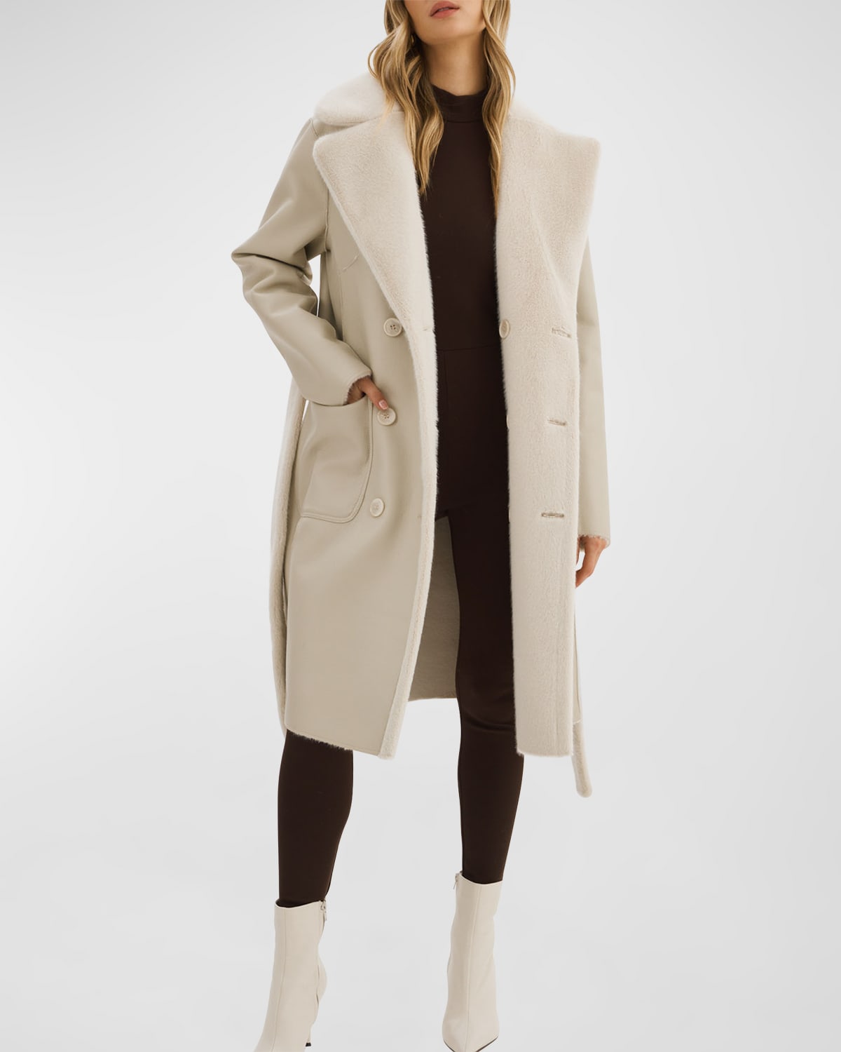 Abigail Reversible Faux-Shearling Peacoat with Belt