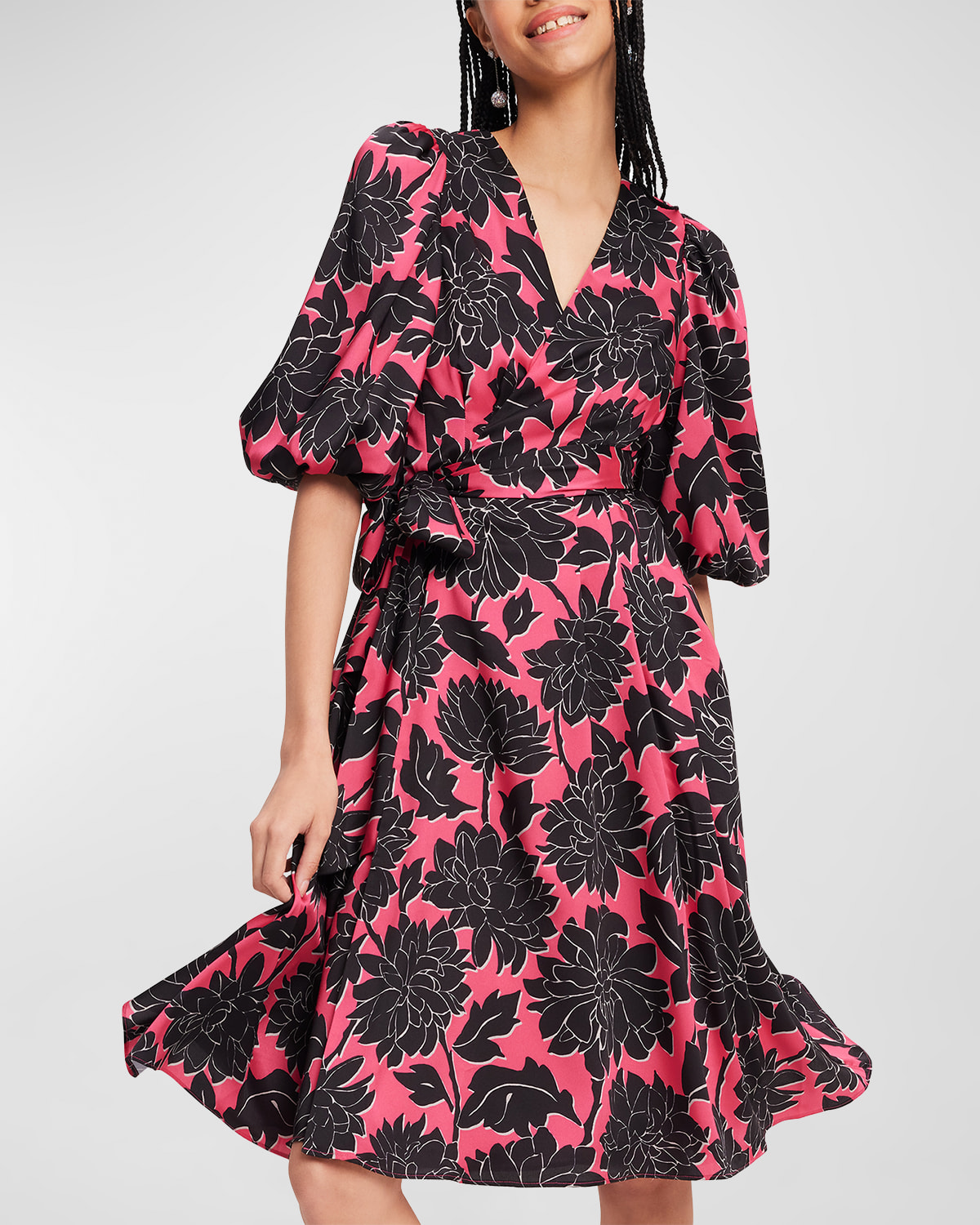 Kate Spade Evelyn Floral-print Blouson-sleeve Midi Dress In Pom Pom Pink