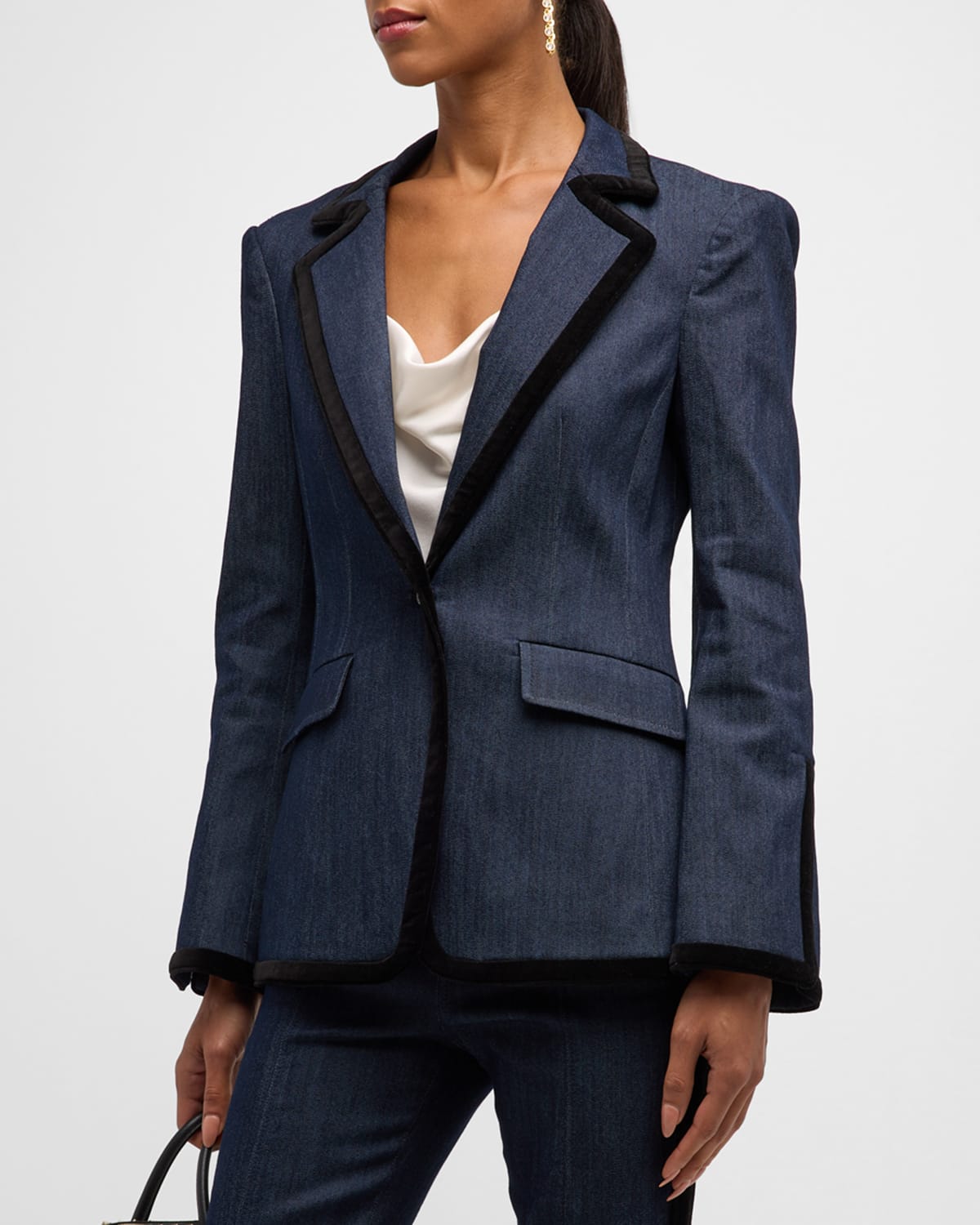 Shop Cinq À Sept Ariane Contrast-trim Tailored Denim Jacket In Indigoblack