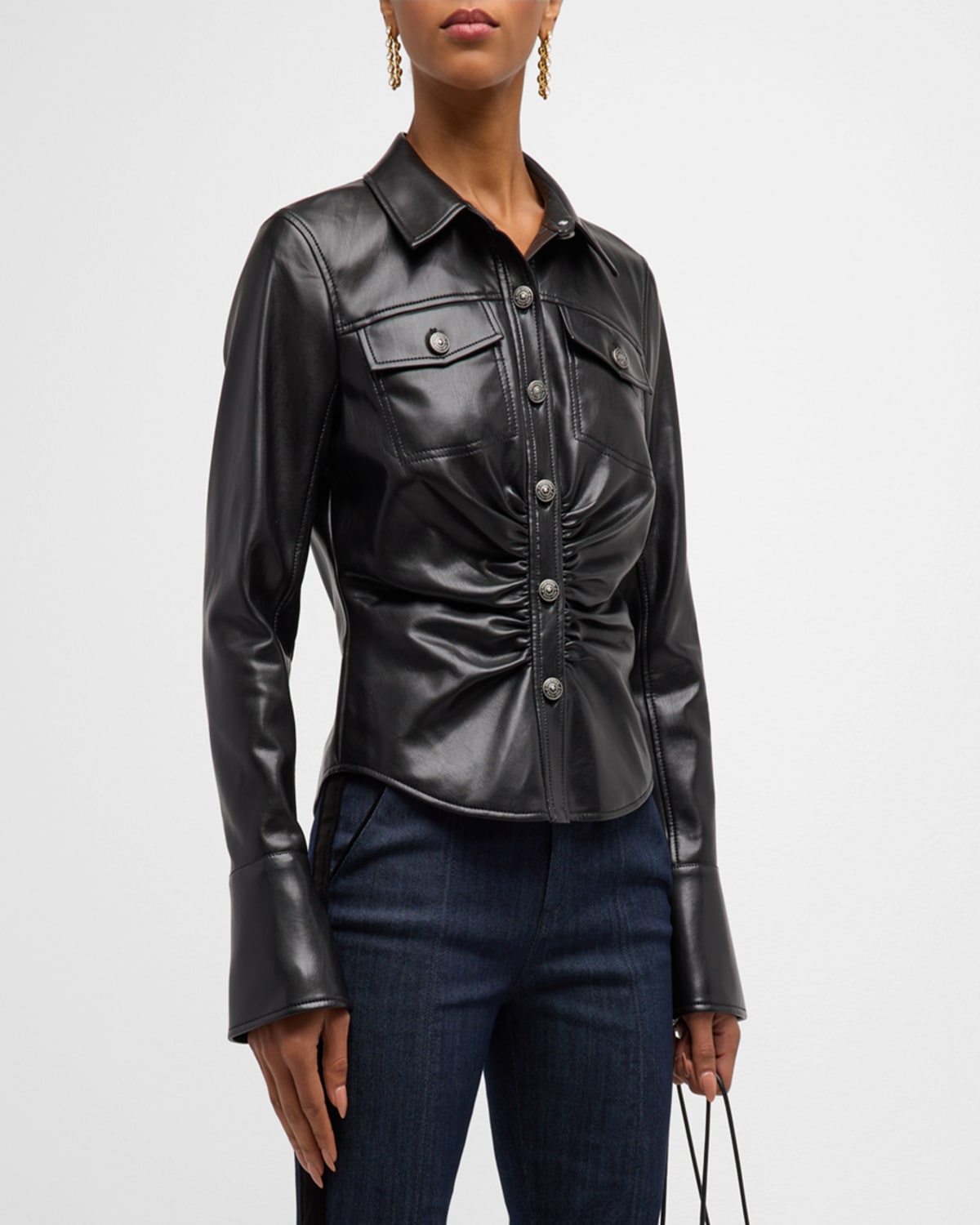 Cinq À Sept Alizee Gathered Vegan Leather Button-front Top In Black