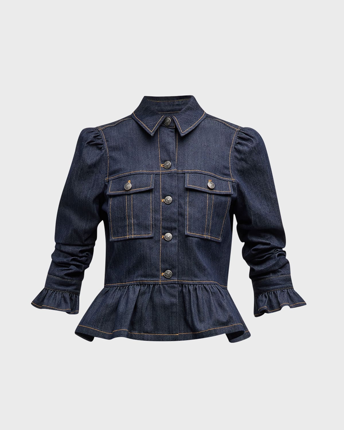 Shop Cinq À Sept Delanie Scrunched-sleeve Peplum Denim Jacket In Indigo