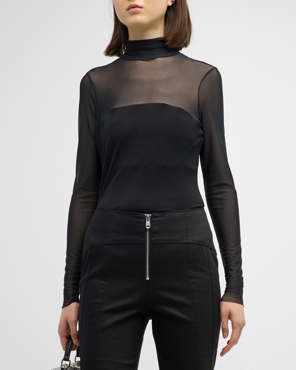 Cinq À Sept Shantel Sheer Mesh Long-sleeve Turtleneck Top In Black