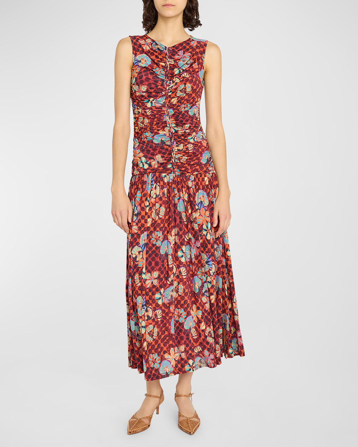 Shop Ulla Johnson Flora Sleeveless Drop-waist Floral Midi Dress In Oasis