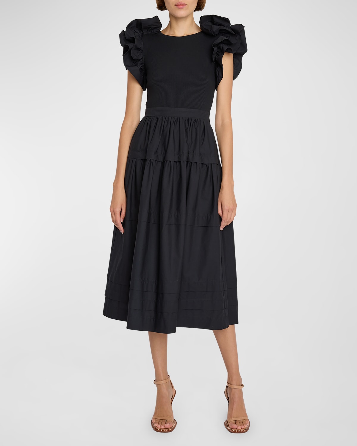 Shop Ulla Johnson Francine Ruffle-sleeve Combo Midi Dress In Noir