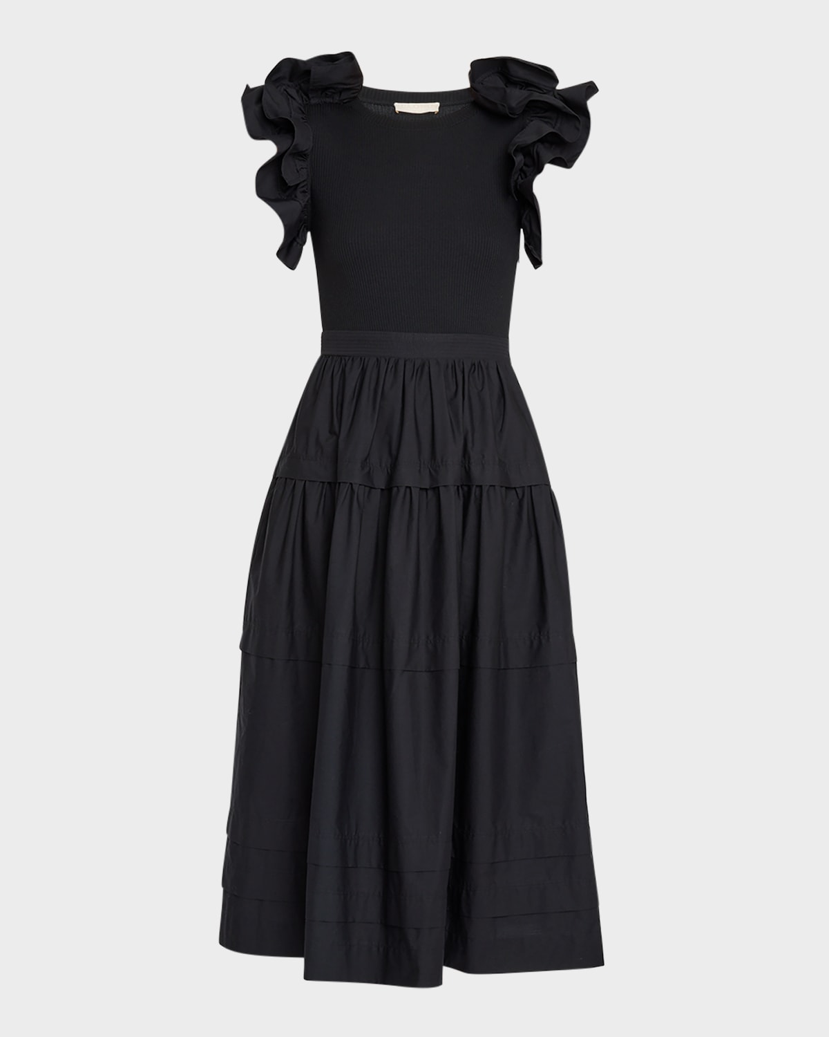 Shop Ulla Johnson Francine Ruffle-sleeve Combo Midi Dress In Noir