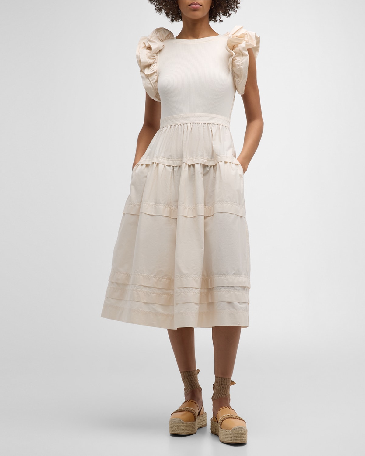 Shop Ulla Johnson Francine Ruffle-sleeve Combo Midi Dress In Ivory