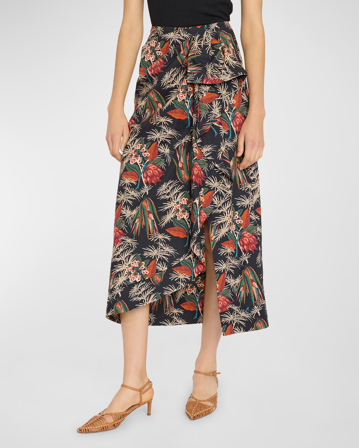 Shop Ulla Johnson Soraya Floral Poplin Draped Midi Skirt In Anthurium