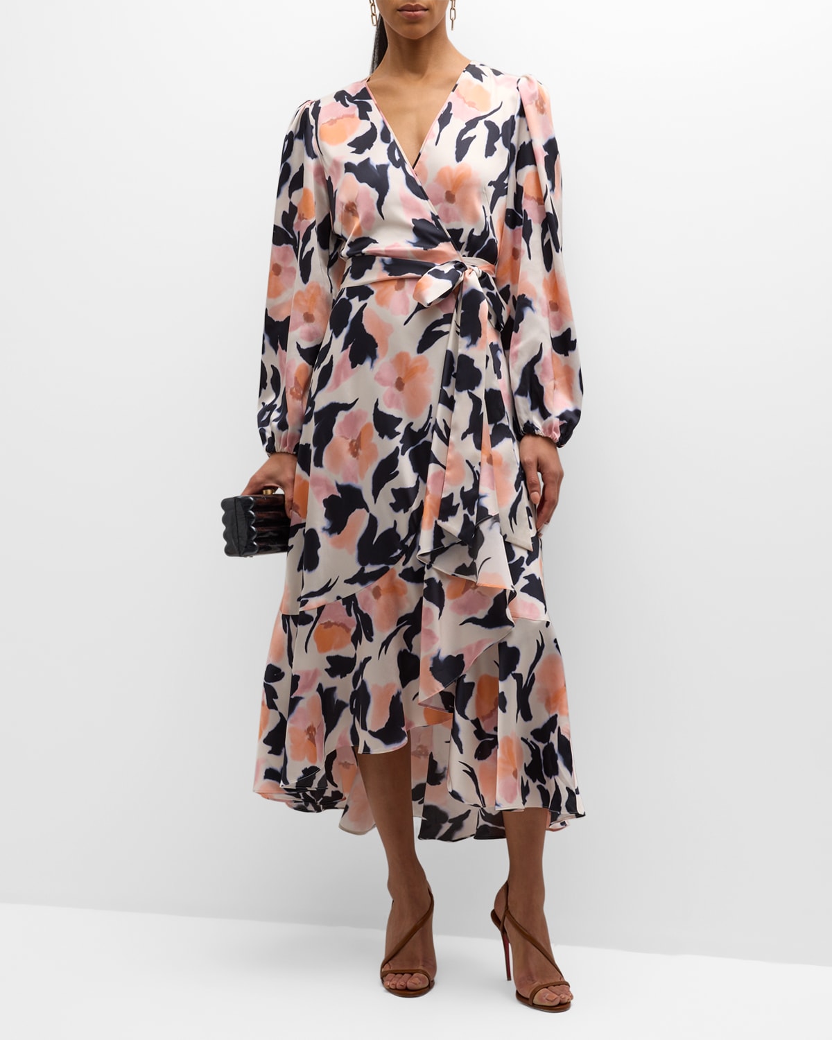 Shop Tanya Taylor Blaire Faux-wrap Puff-sleeve Midi Dress In Off White Multi