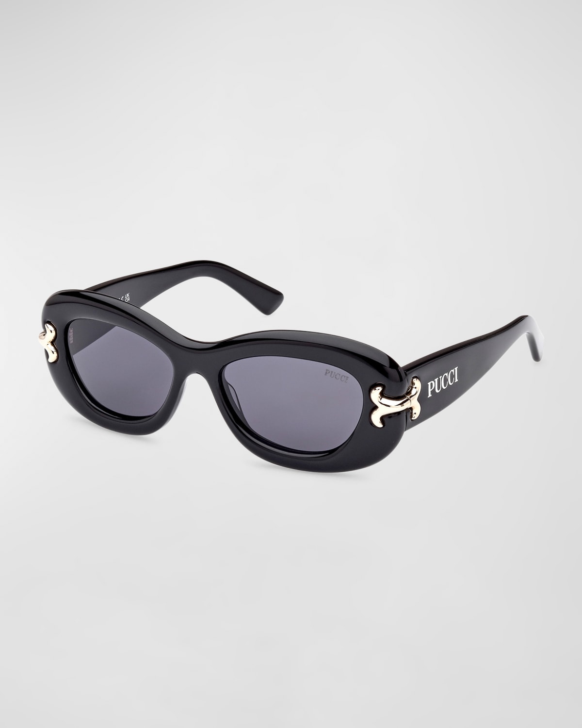 Emilio Pucci Filigree Acetate Round Sunglasses In Shiny Black Pale