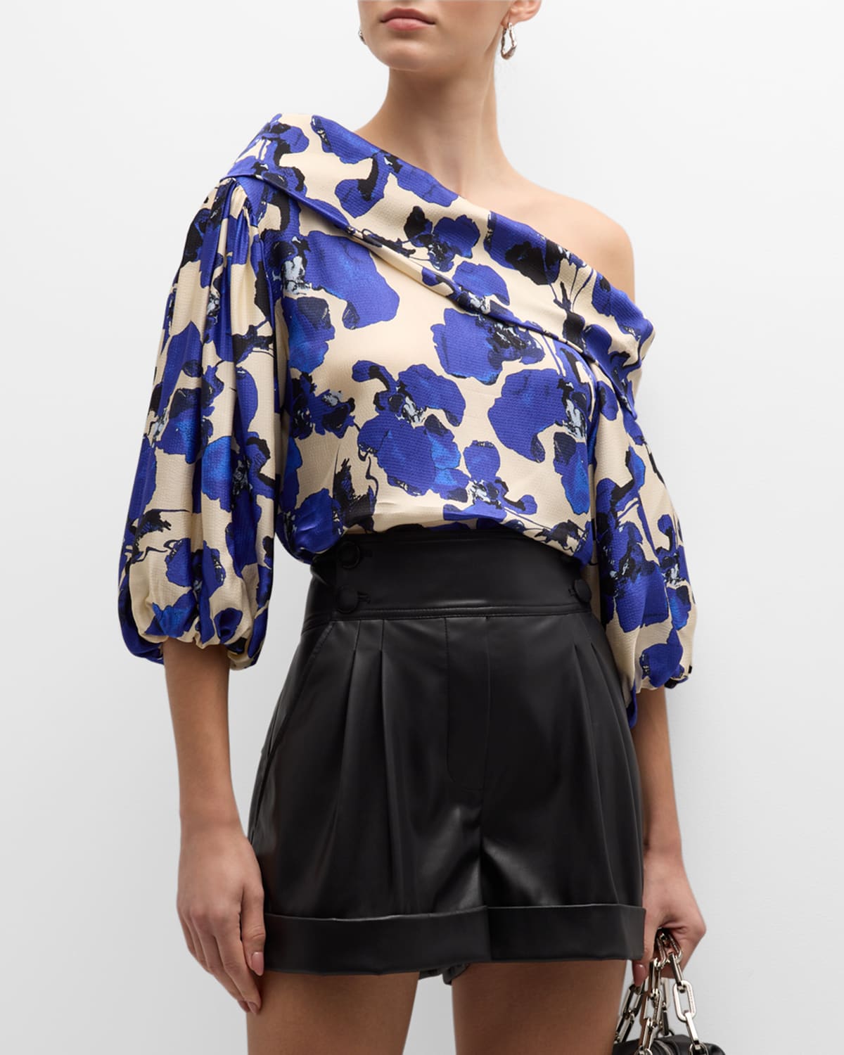 Tanya Taylor Georgia Asymmetric Puff-sleeve Top In Cream Multi