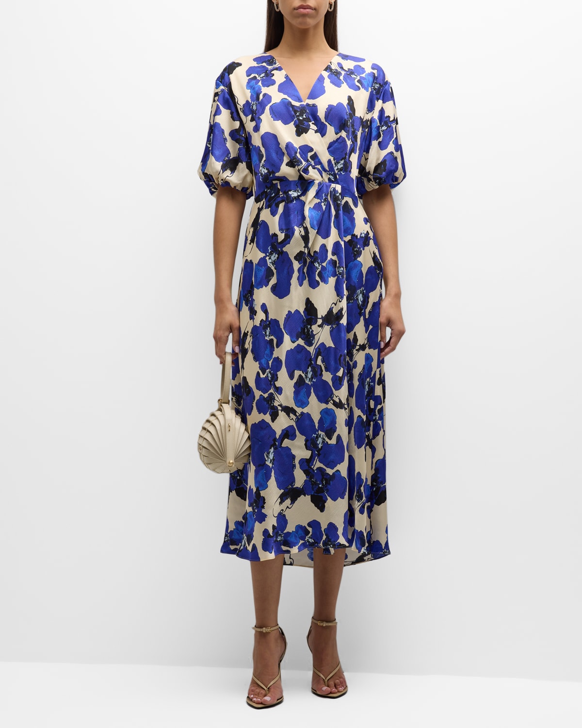 Shop Tanya Taylor Meadow Puff-sleeve Midi Faux-wrap Dress In Cream Multi