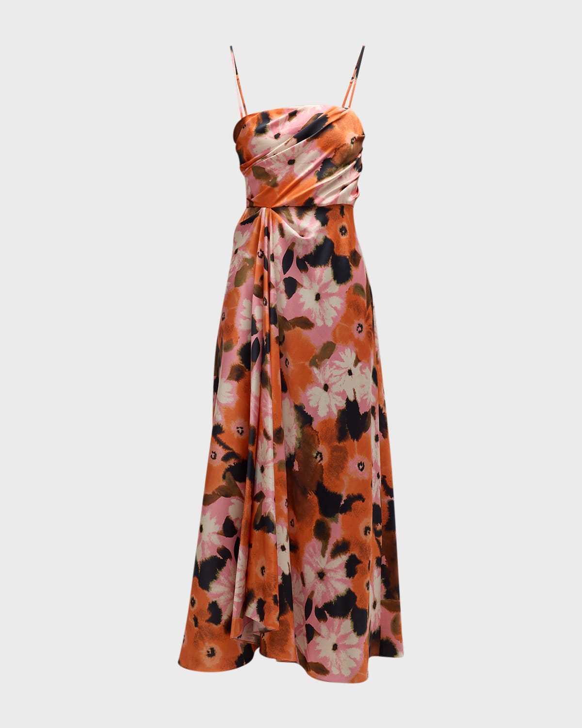 Tanya Taylor Chloe Draped Charmeuse Spaghetti-strap Midi Dress In Peony Multi