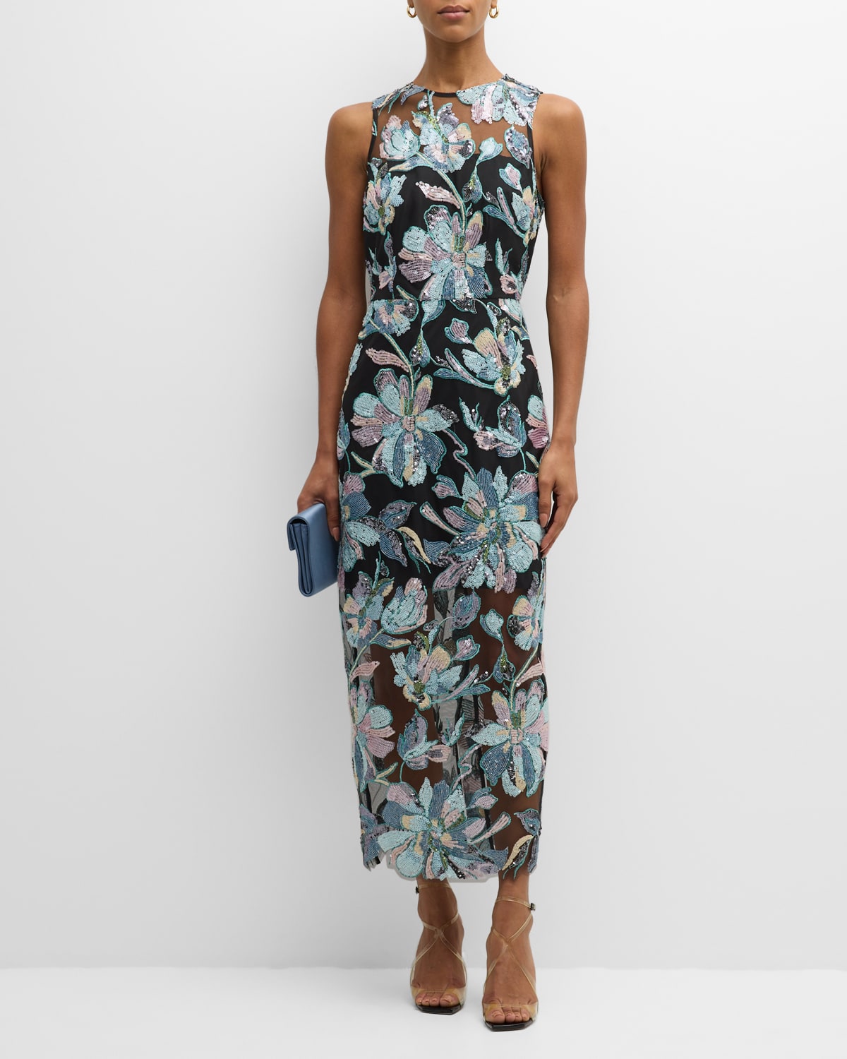 Milly Kinsley Sleeveless Floral Sequin Maxi Dress In Blue Multi