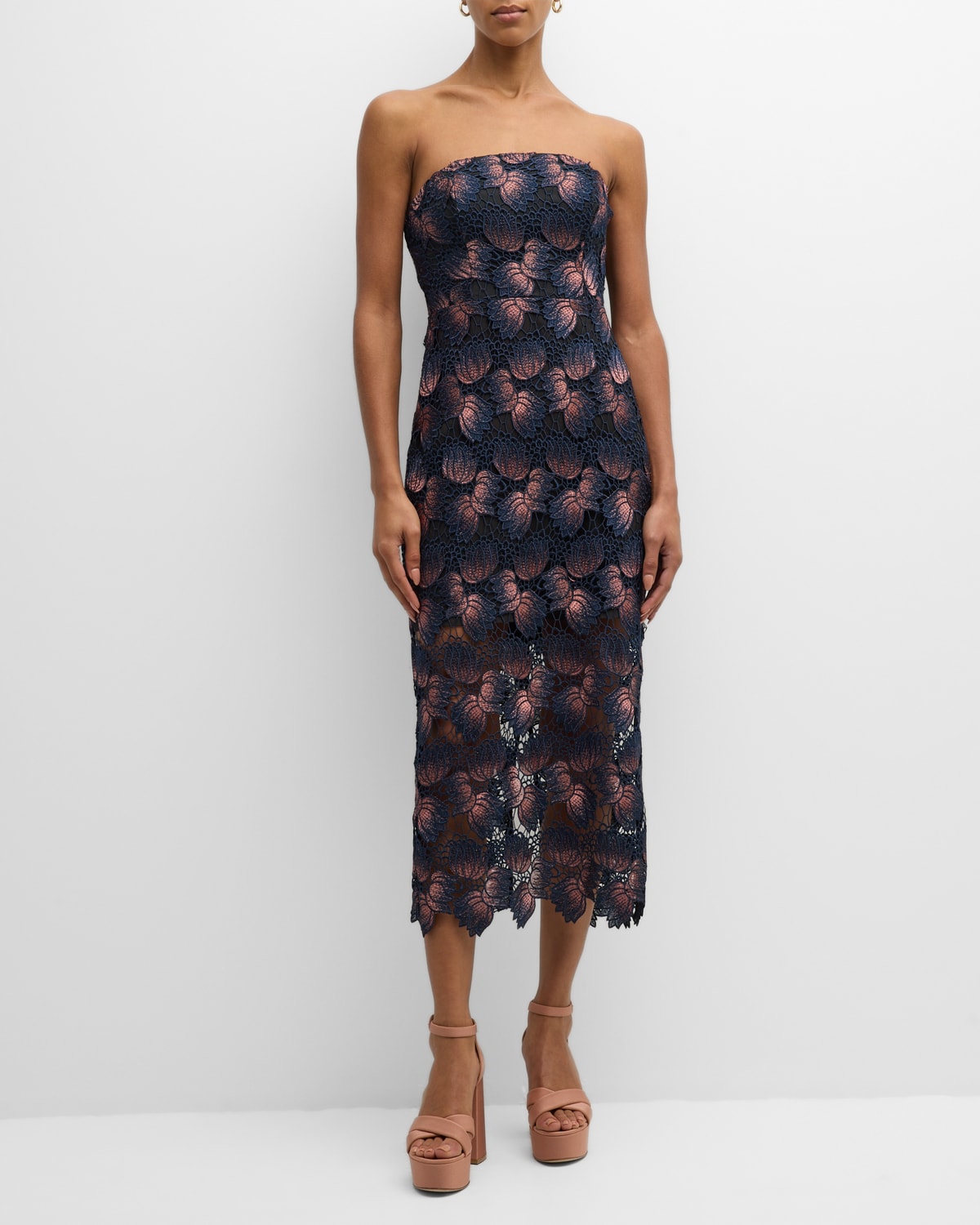 Milly Kait Beaded Embroidered Flounce Midi Dress In Navy