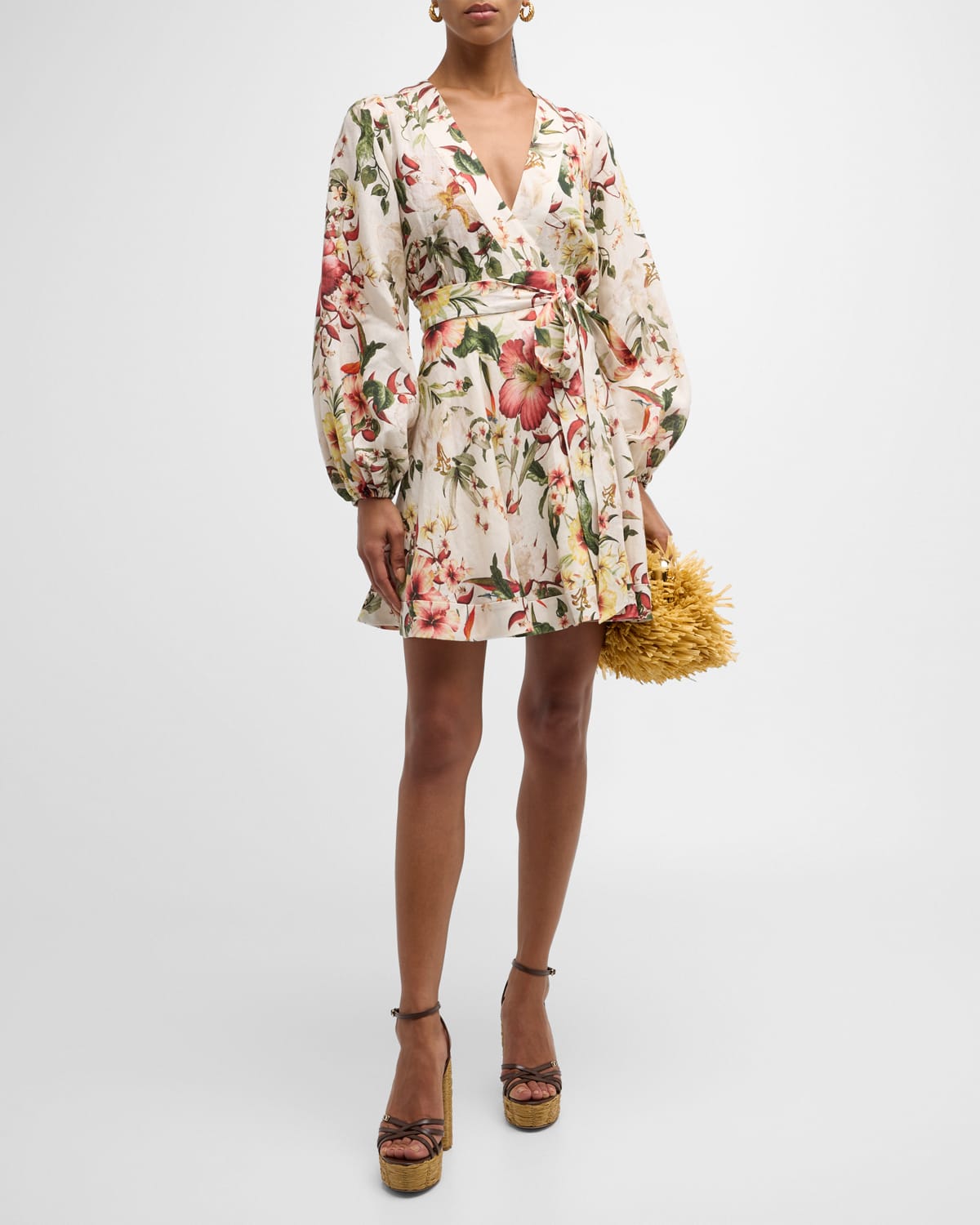 Shop Zimmermann Lexi Floral Wrap Mini Dress In Ivory Palm