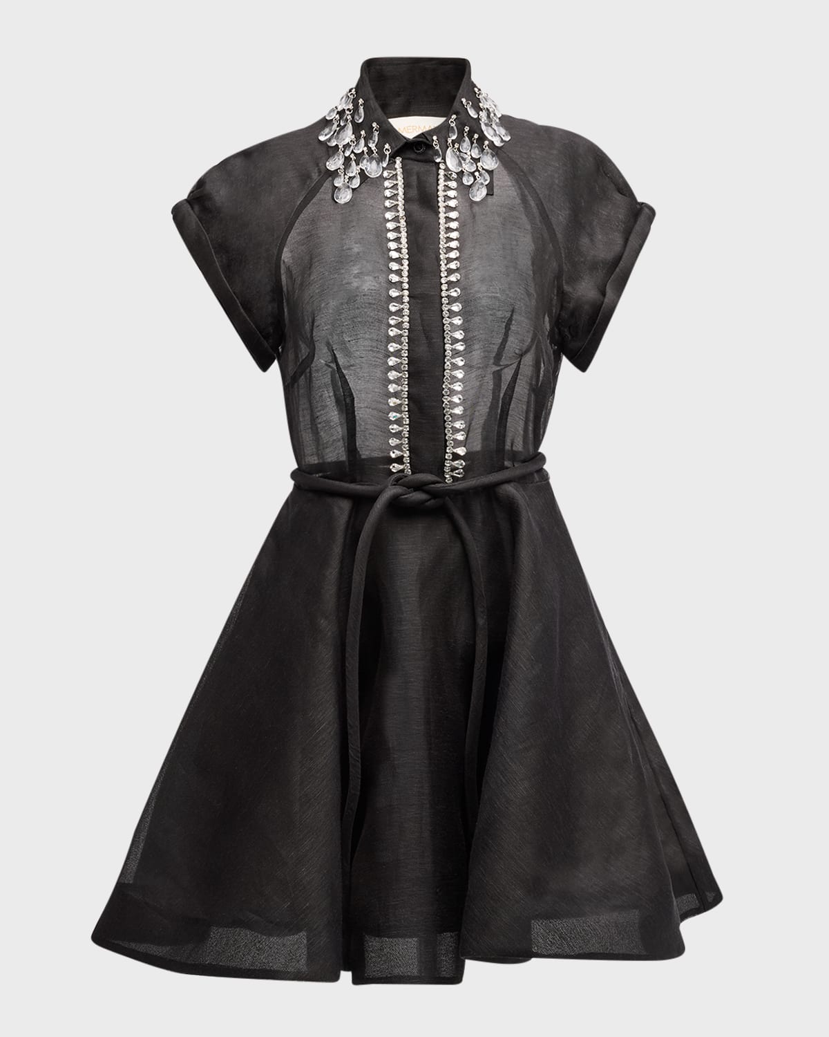Zimmermann Matchmaker Flip Belted Crystal-embellished Linen And Silk-blend Organza Mini Dress In Black