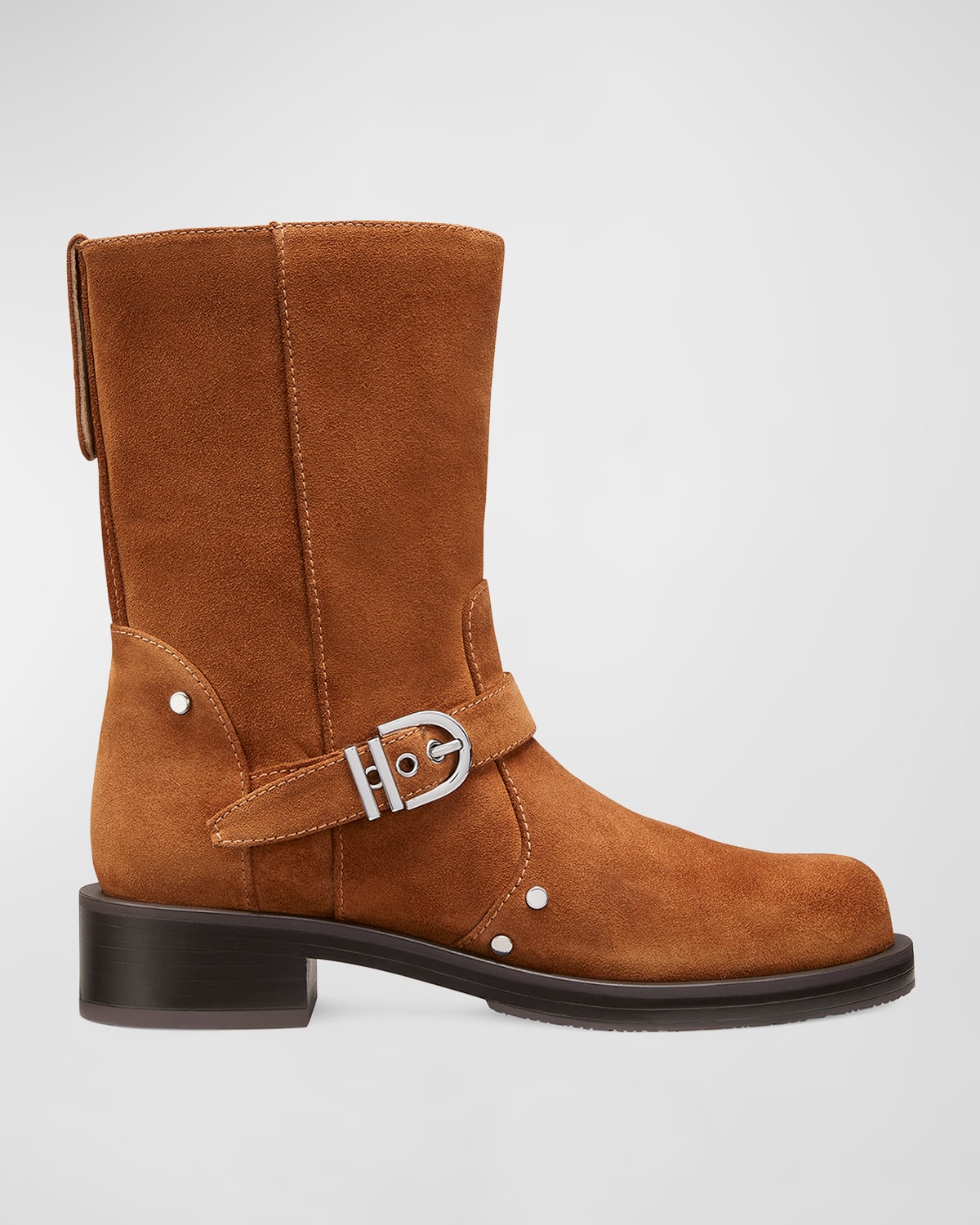 Stuart Weitzman Maverick Suede Buckle Biker Booties In Doe