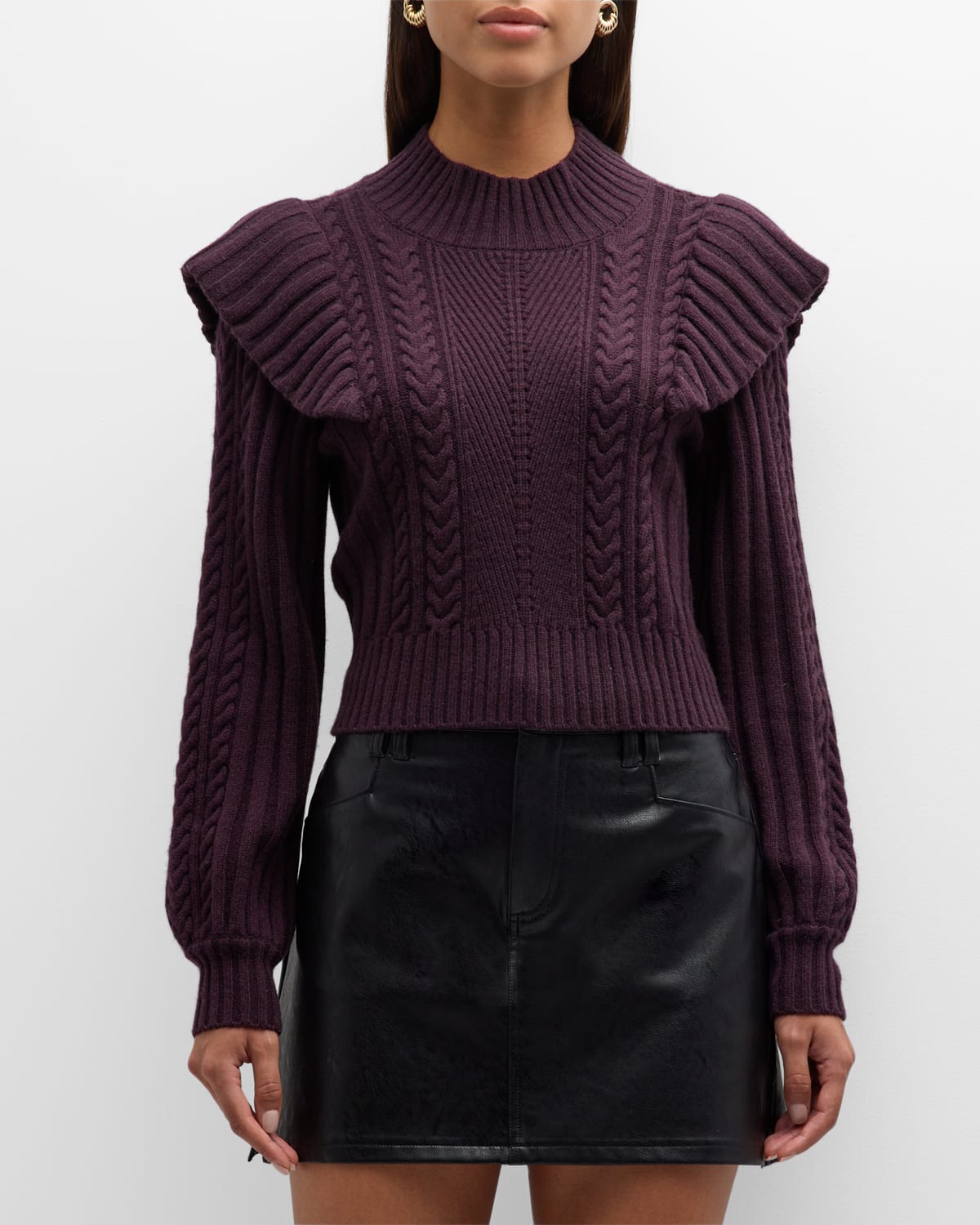 Shop Paige Kate Cable-knit Ruffle Sweater In Black Cherry