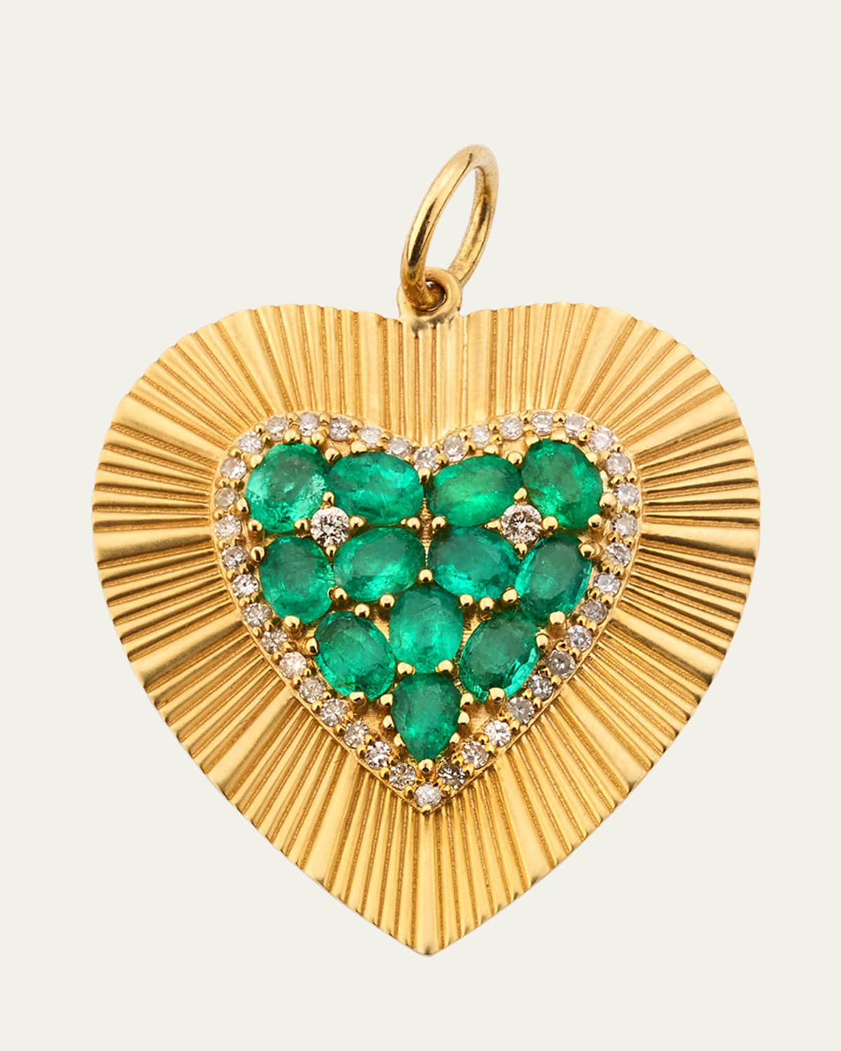 14K Yellow Gold Emerald and Diamond Fluted Heart Charm