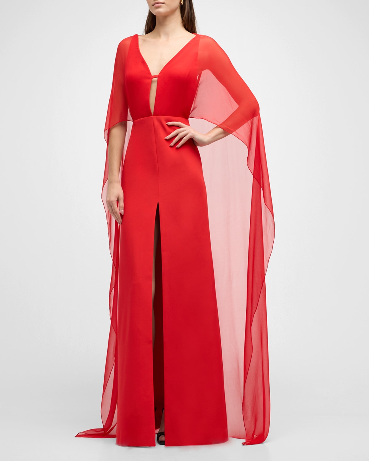 Koltson Plunging Chiffon-cape Slit-front Crepe Evening Gown In Red