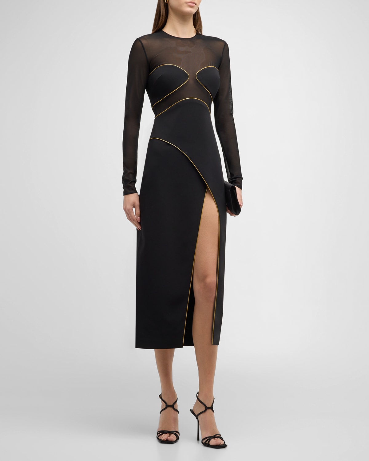 Long-Sleeve Cady Illusion Midi Dress