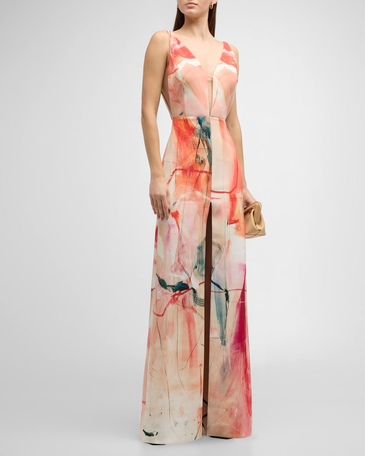 Koltson Plunging Abstract-print Backless Silk Crepe Gown In Pink Abstract